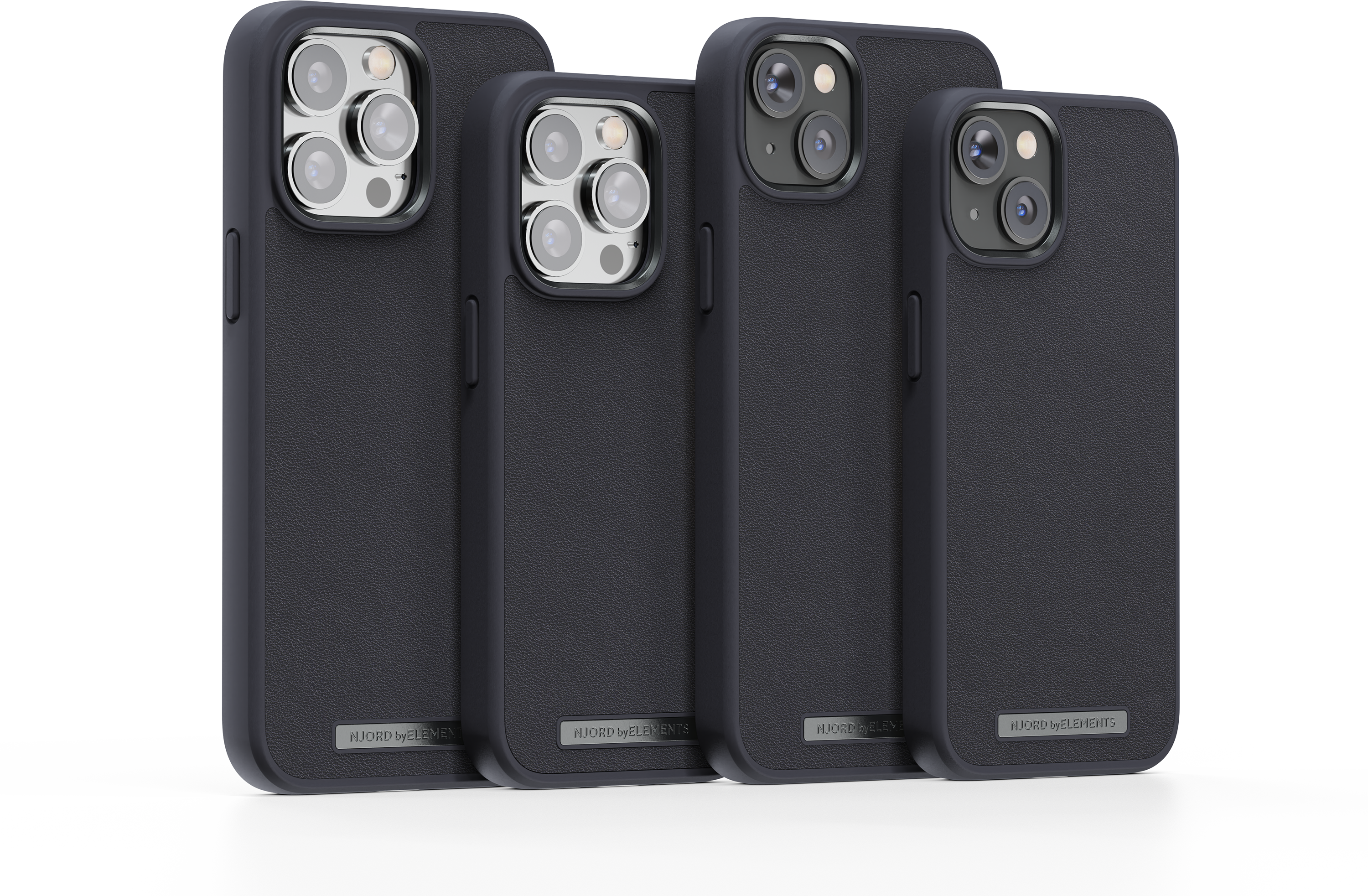 Quattro custodie nere per telefono con un rigonfiamento della fotocamera. Ogni custodia ha un logo 'Njord'.