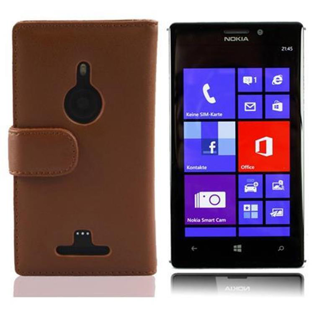 Étui de téléphone en cuir marron avec un smartphone noir, affichant l'interface Windows.