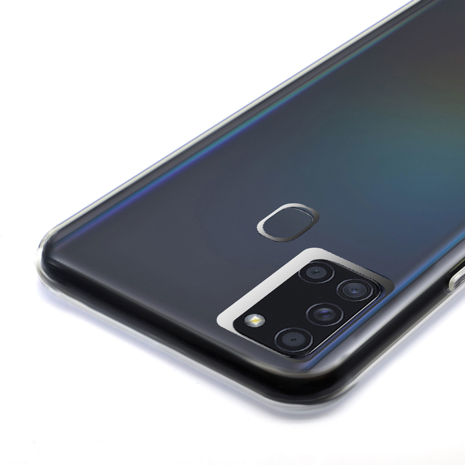 Nahaufnahme eines Telefons mit transparenter Hülle. Das Telefon ist schwarz, die Hülle transparent.