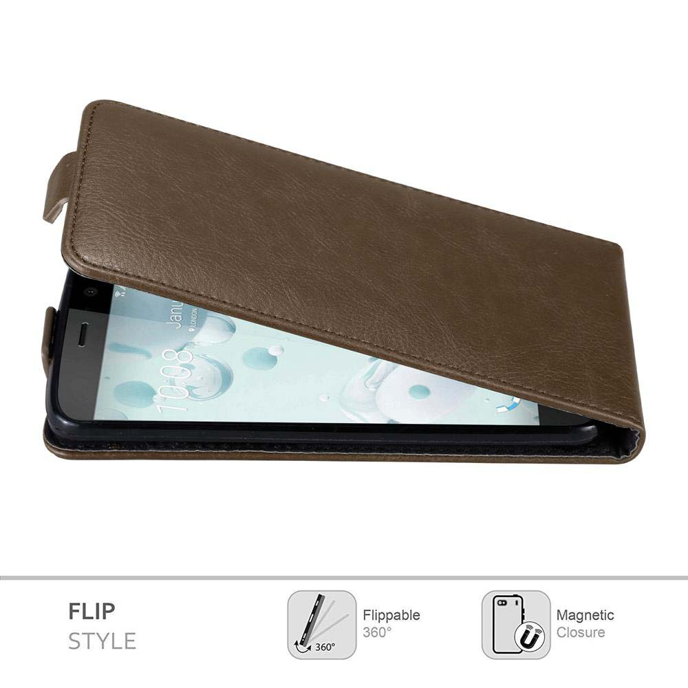 Custodia a libro marrone con telefono all'interno. La custodia è aperta. Presenta una chiusura magnetica e un design ribaltabile.