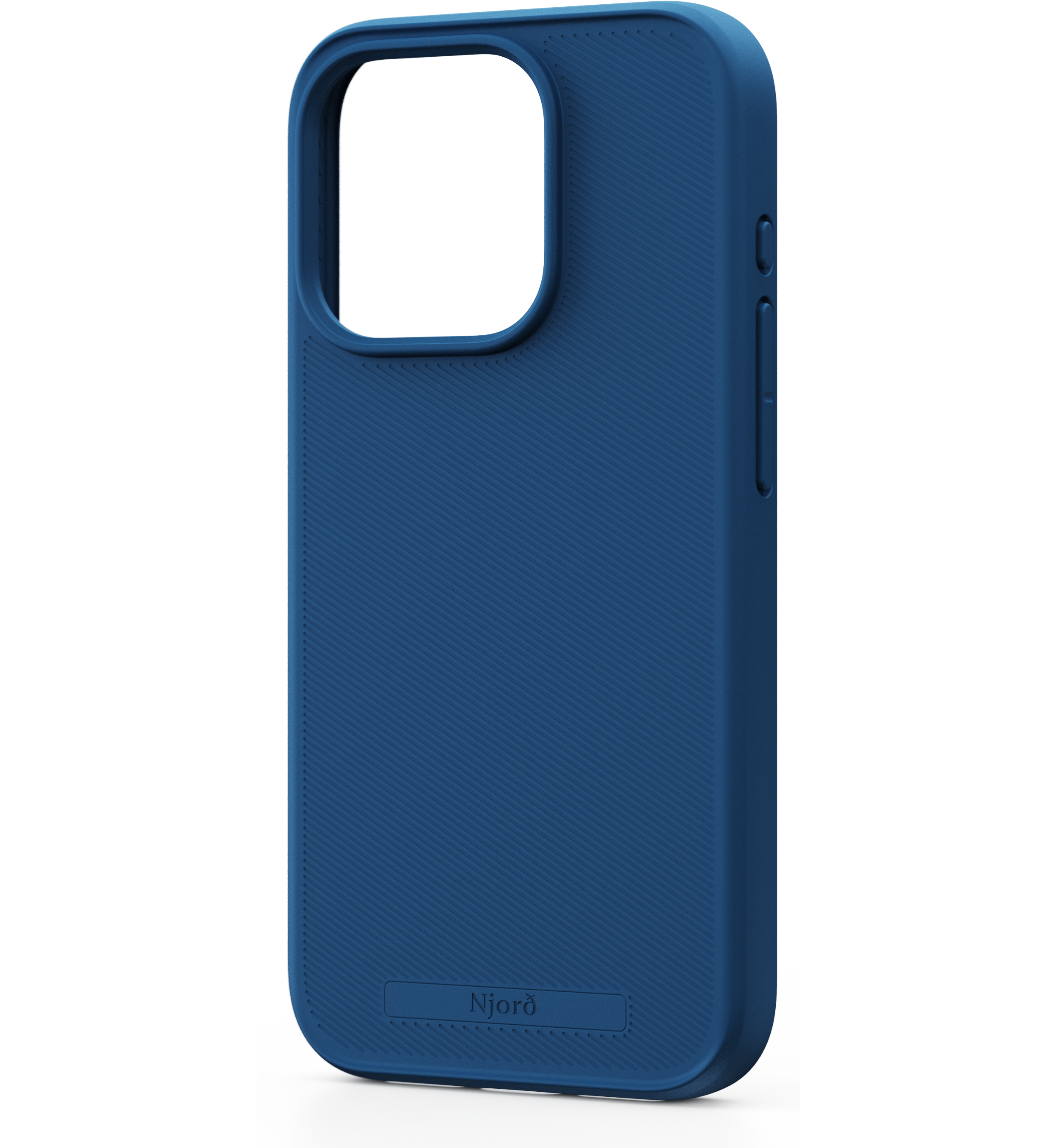 Una custodia blu per telefono con motivo strutturato, con il marchio Njord.