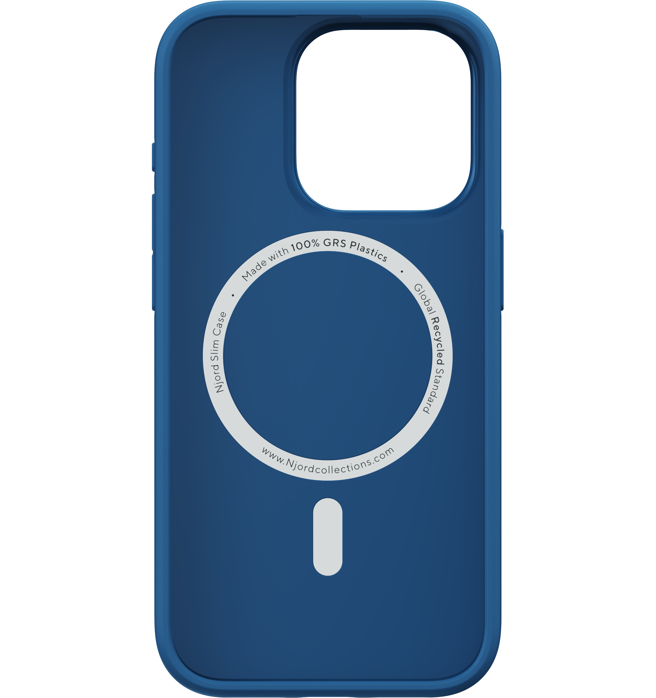 Custodia blu con cerchio bianco e logo. Dice 'Njord Slim Case'.