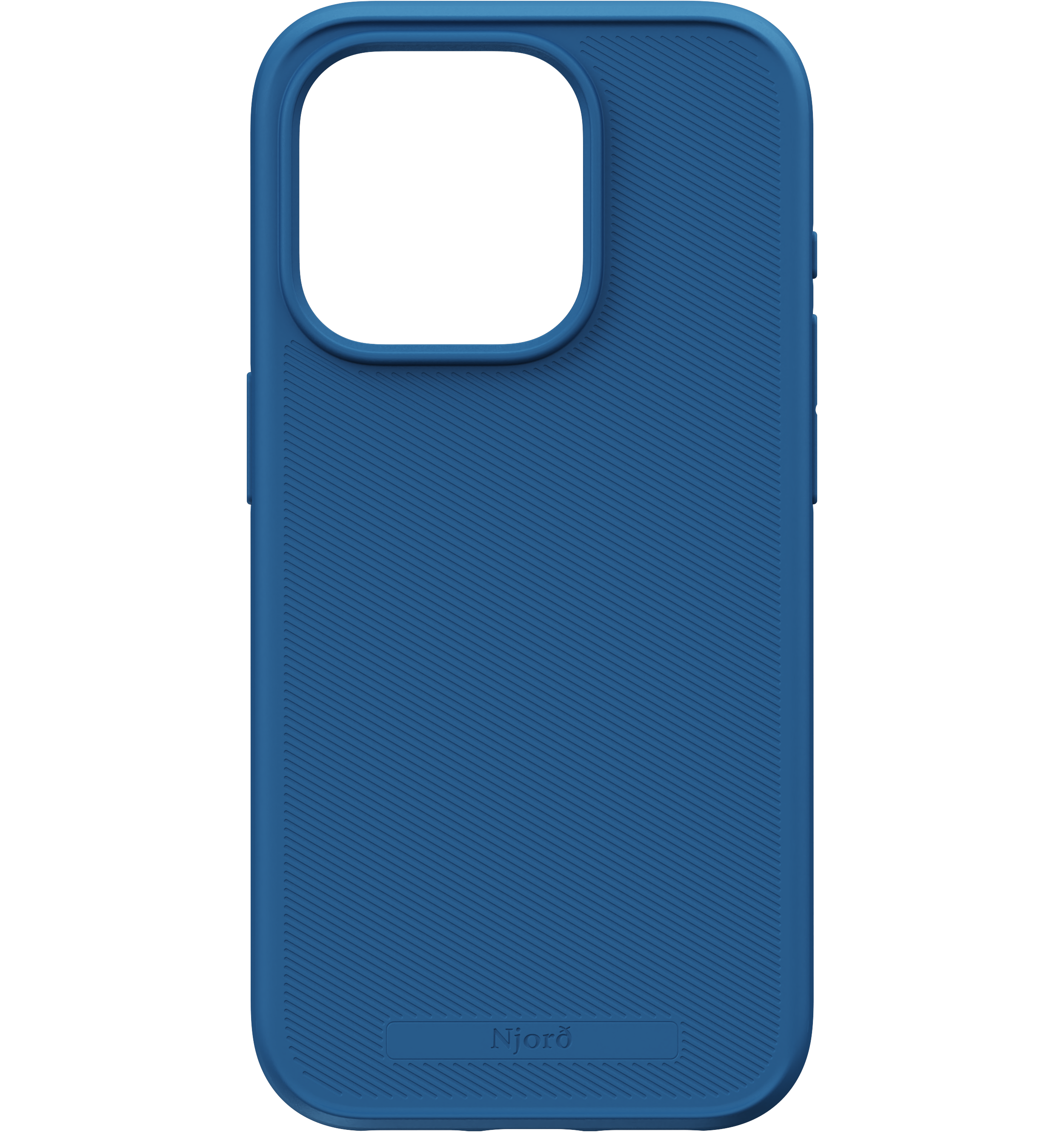 Custodia blu per telefono con un ritaglio per la fotocamera.