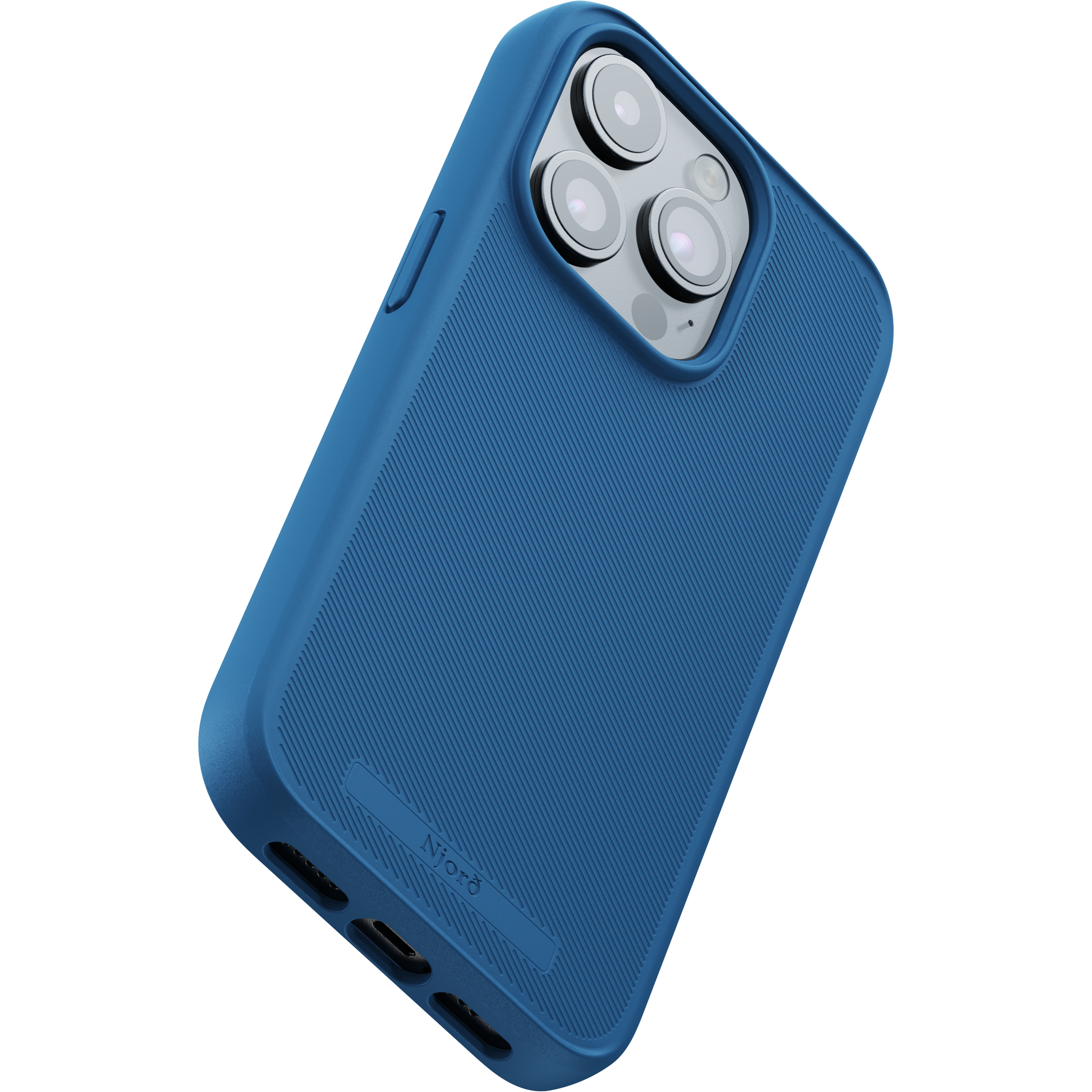 Una custodia blu per telefono con tre lenti della fotocamera visibili e il logo Nioré.