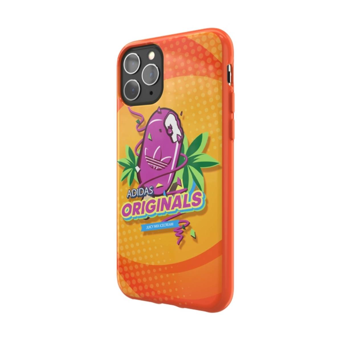 Custodia per telefono con design Adidas Originals. Custodia arancione con grafica di gelato viola.