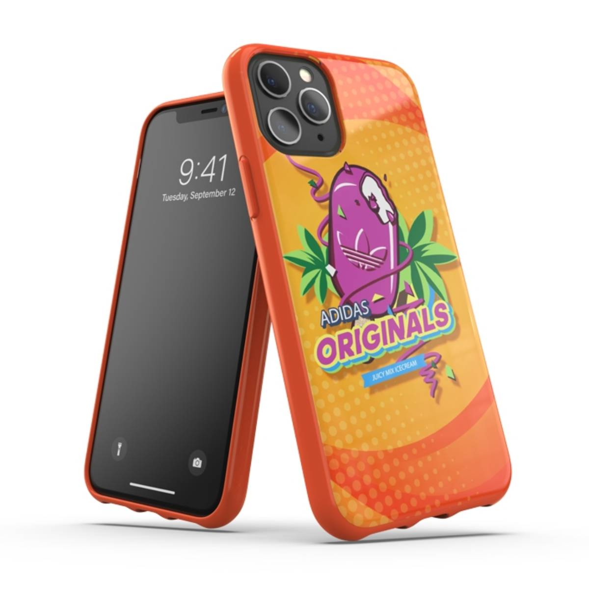 Custodia arancione con logo Adidas su un telefono nero. Viene visualizzato il 12 settembre, 9:41.