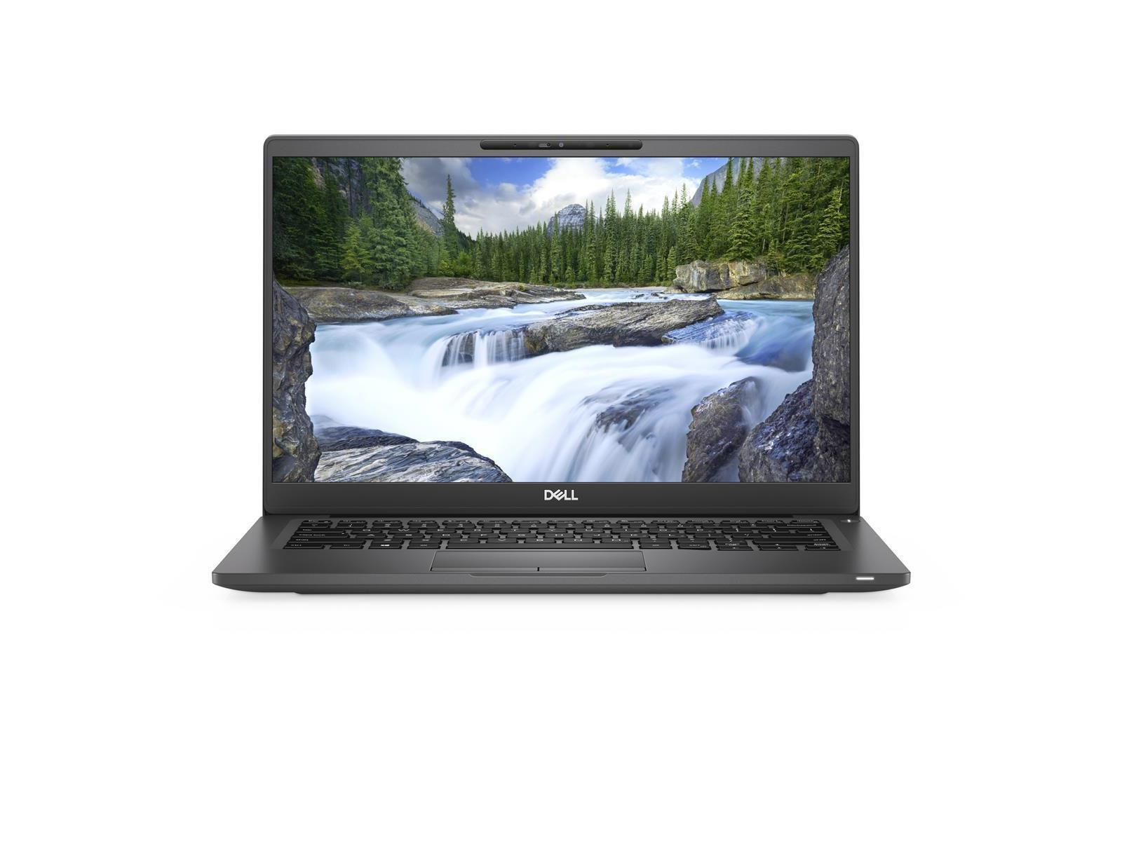 Ein schwarzer Laptop ist geöffnet und zeigt eine Landschaft mit Wasserfall auf weißem Hintergrund.