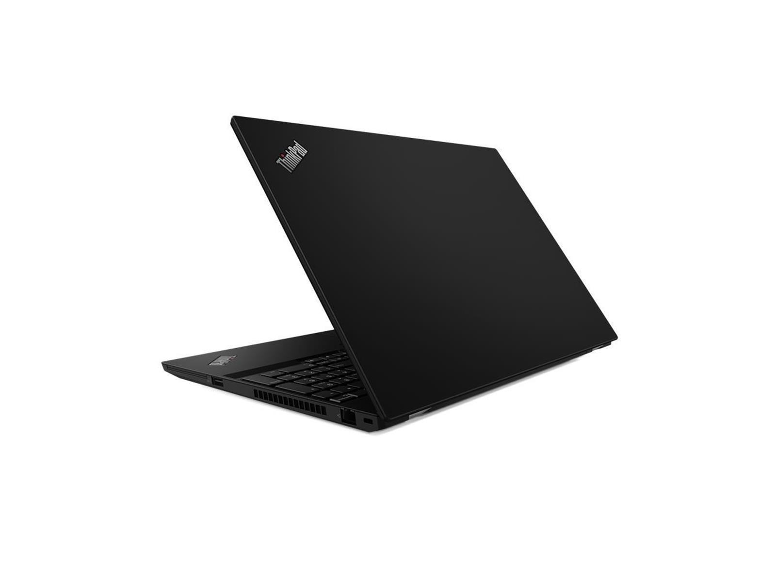 Ein Lenovo ThinkPad Laptop, schwarzes Gehäuse, leicht geöffnet, Rückansicht mit Logo.