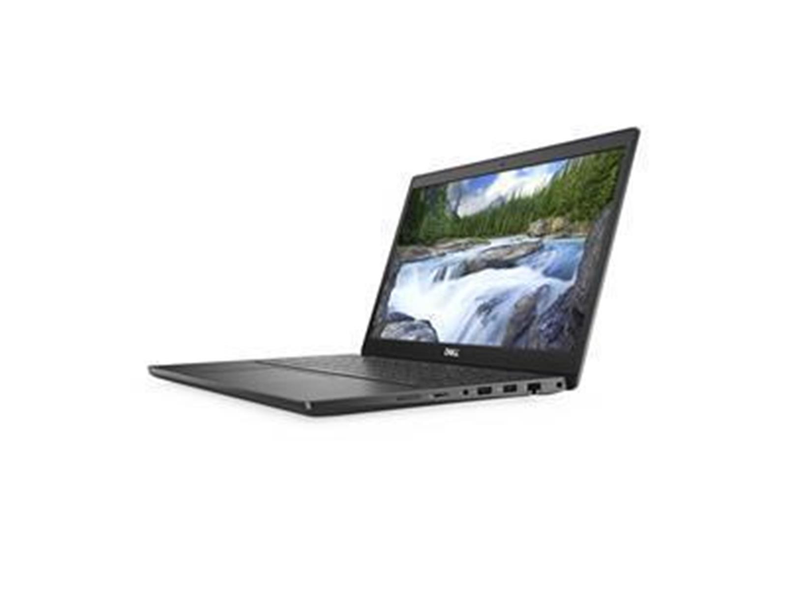 Ein Dell Laptop, schwarzes Gehäuse, geöffnet, Naturszene auf dem Bildschirm, auf weißem Hintergrund.