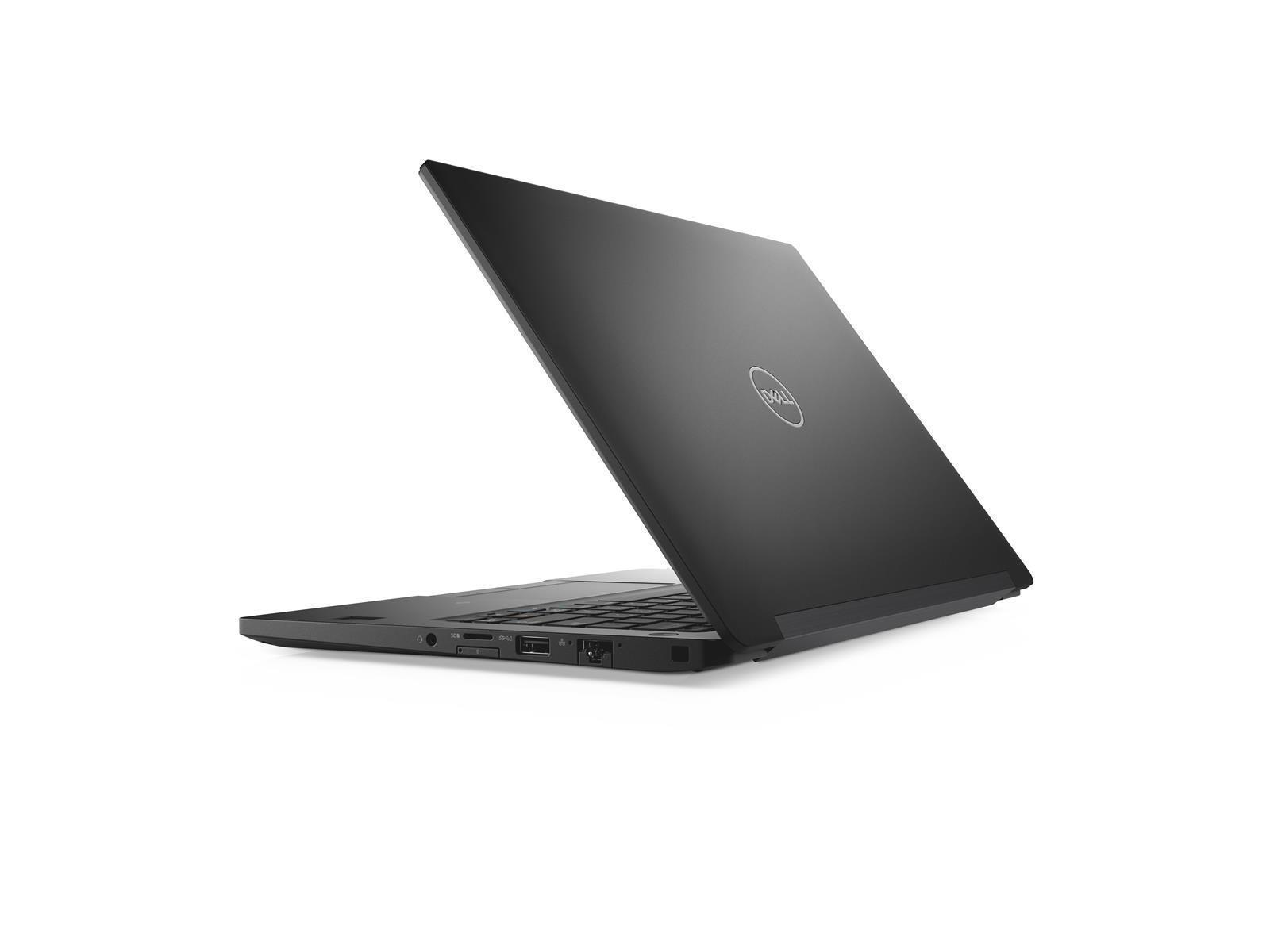 Ein schwarzer Dell-Laptop ist auf einer weißen Oberfläche geöffnet, der Bildschirm ist geschlossen und zeigt das Dell-Logo.
