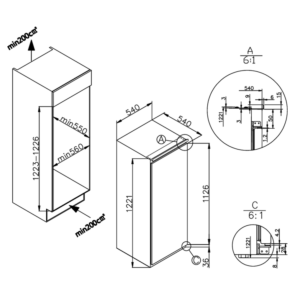 Disegno tecnico di un frigorifero. Mostra dimensioni, misure e dettagli dell'apparecchio.
