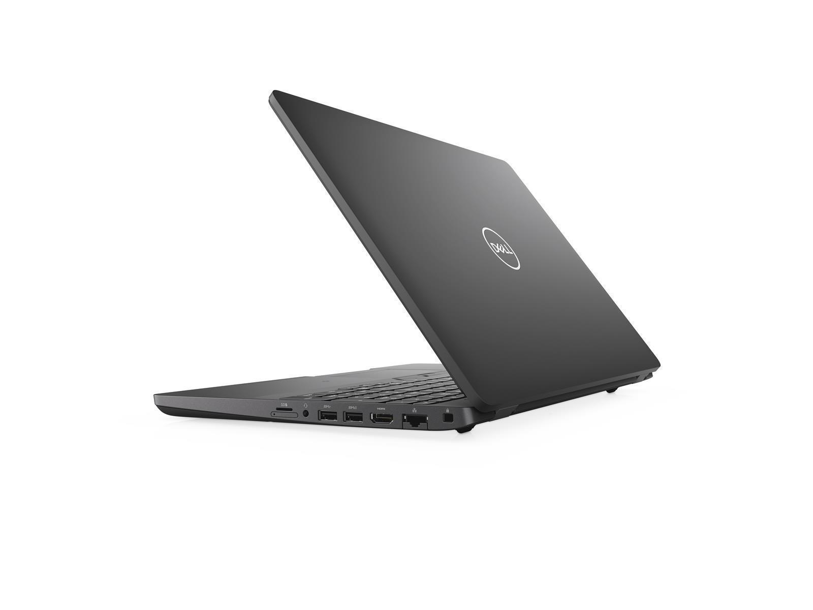 Schwarzes Dell-Laptop, in einem Winkel geöffnet, zeigt Tastatur und Logo, auf weißem Hintergrund.
