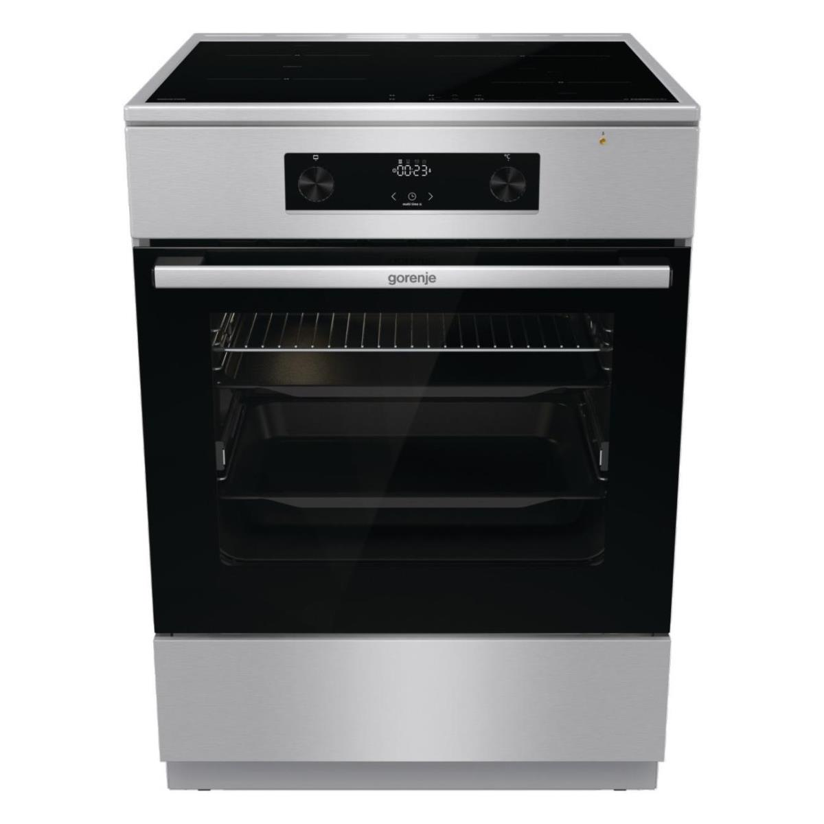 Forno argentato con porta in vetro nero e piano cottura nero. Ha controlli digitali e il logo Gorenje.