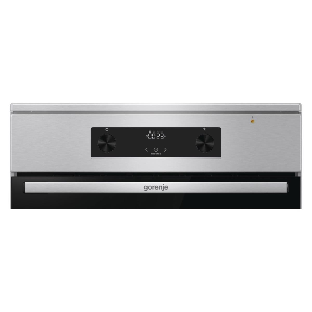 Un forno moderno con parte superiore argentata, parte inferiore nera e display digitale che mostra '00:23'. Il marchio 'gorenje' è visibile.