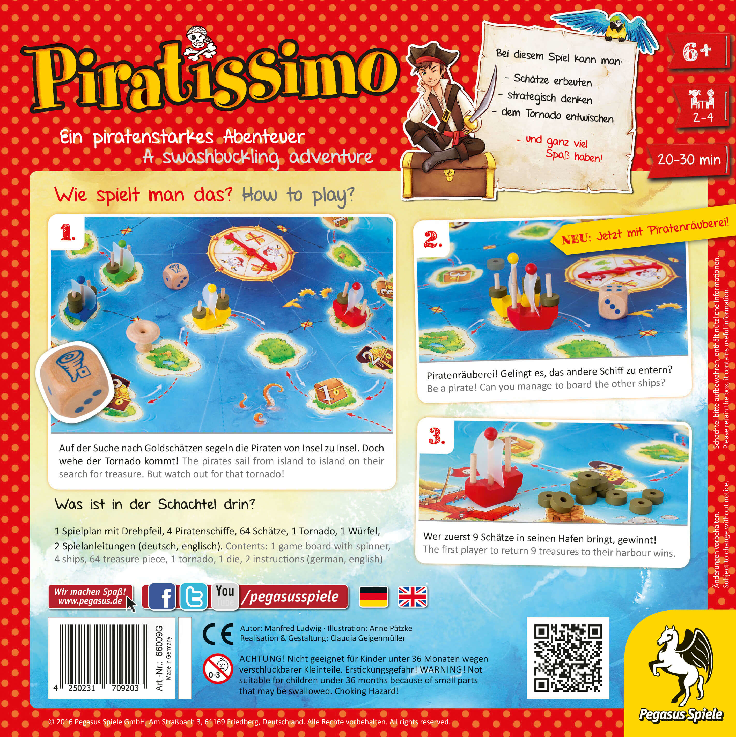 'Piratissimo' Spiel Details. Spielbrett mit Schiffen, Würfeln, Schatz. Text auf Deutsch und Englisch. Piraten Thema.