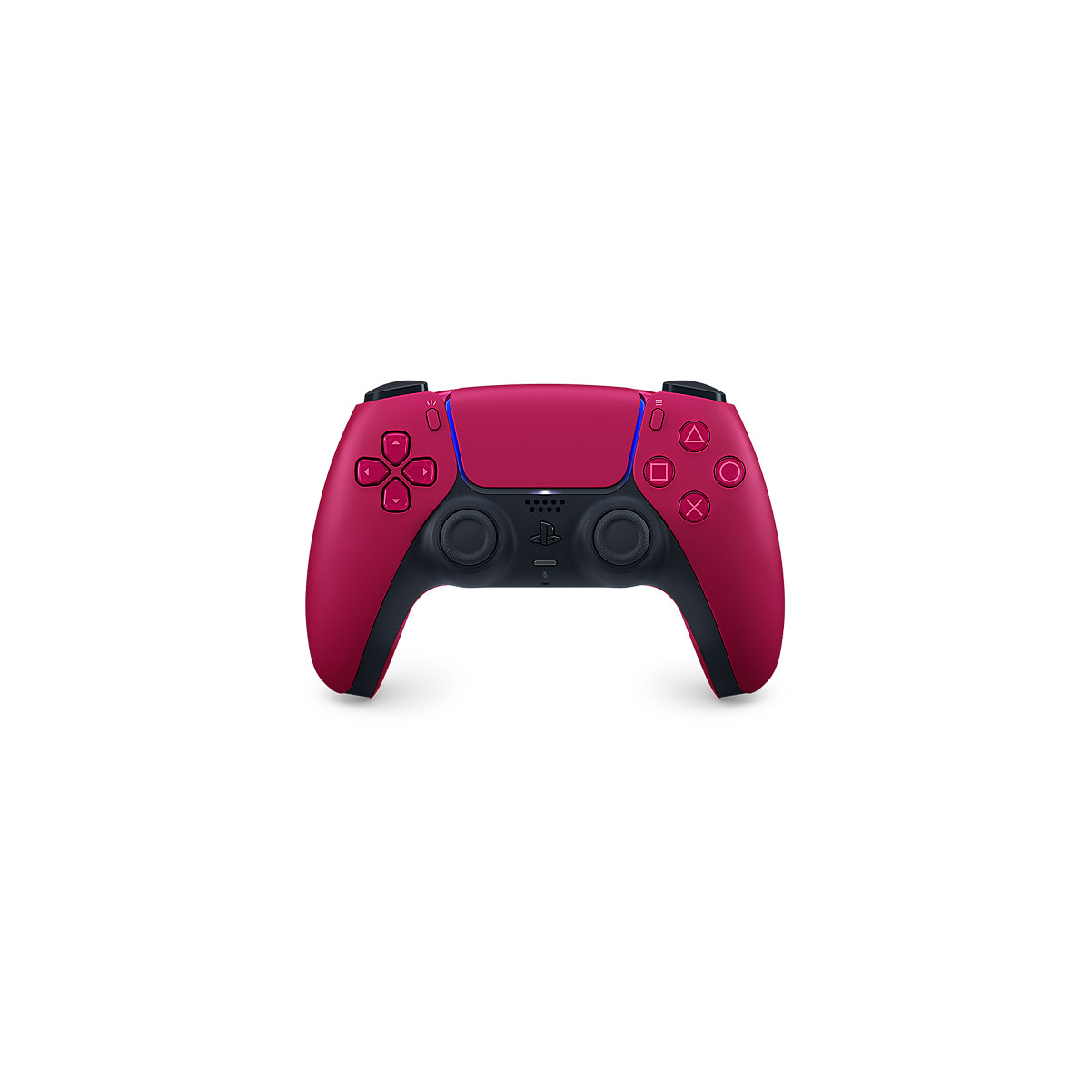 Czerwony kontroler PlayStation 5 z czarnymi akcentami i kolorowymi przyciskami, na białym tle.