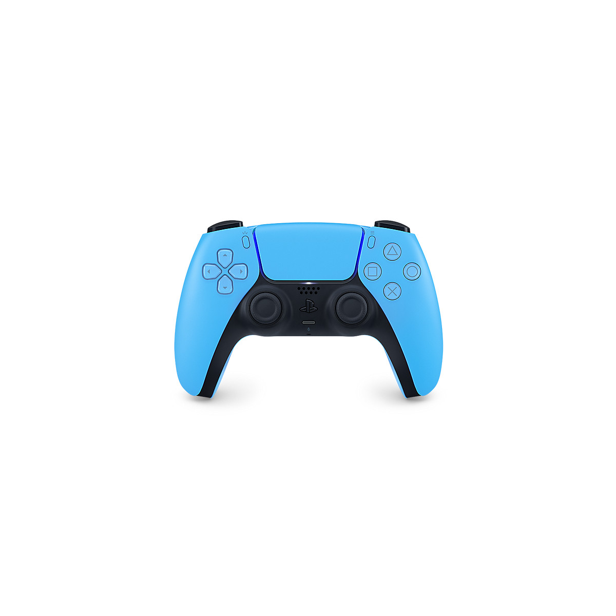 Niebieski kontroler PlayStation 5 z czarnymi akcentami i kolorowymi przyciskami, na białym tle.
