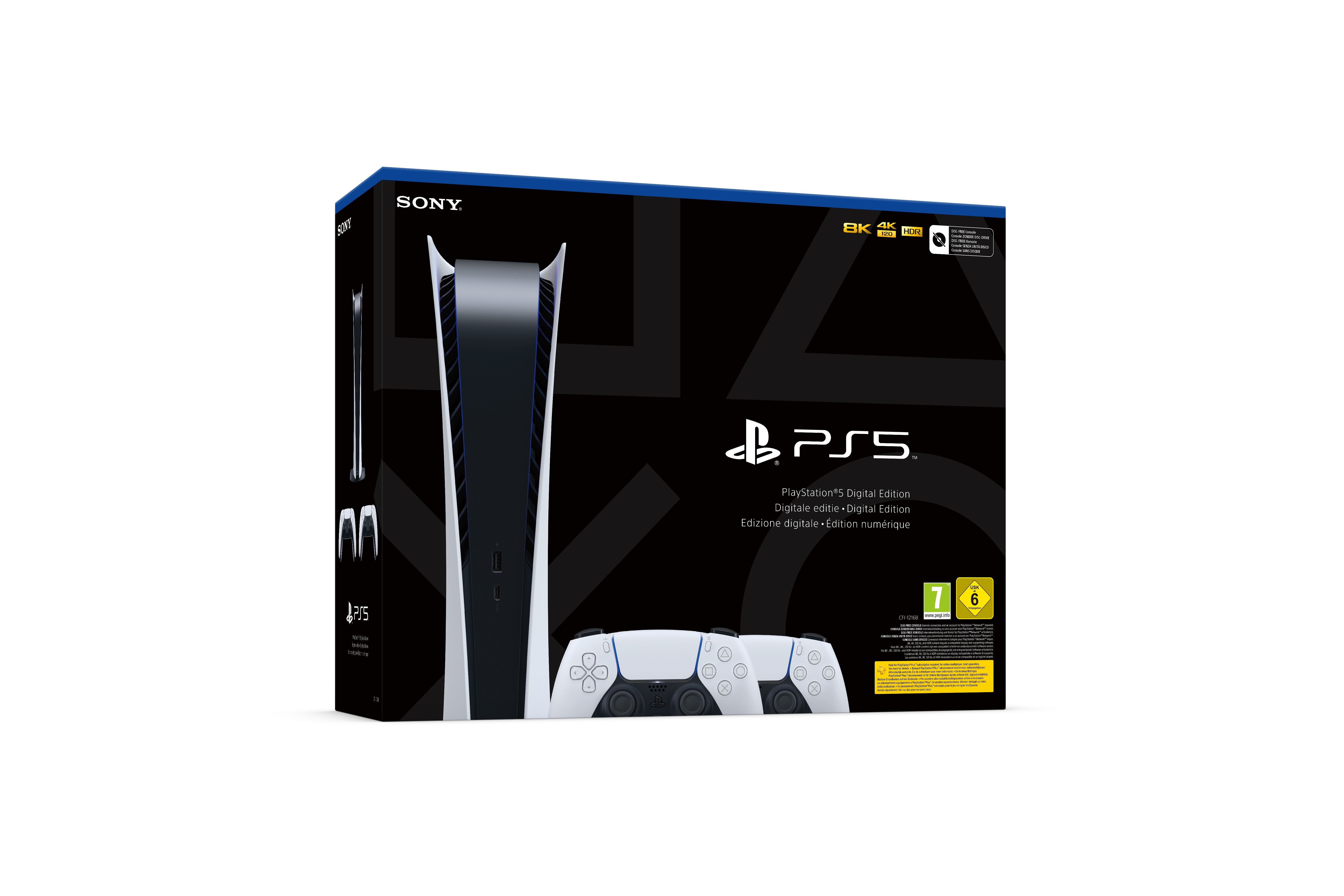 PS5 Digital Edition-Box und Konsole mit zwei weißen Controllern. Schwarz-weiß-Farbschema.