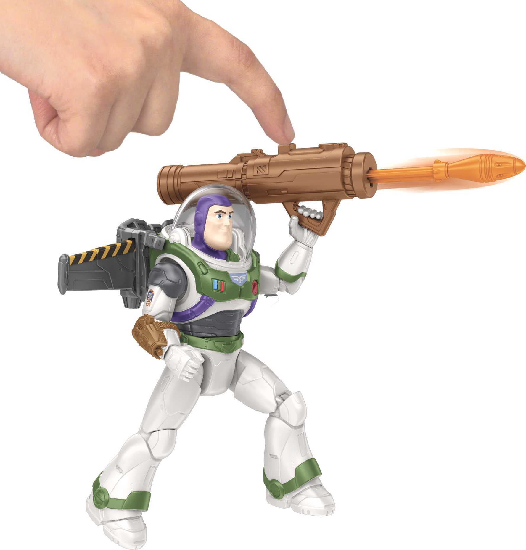 Personaggio di Buzz Lightyear con blaster, con una mano che punta.