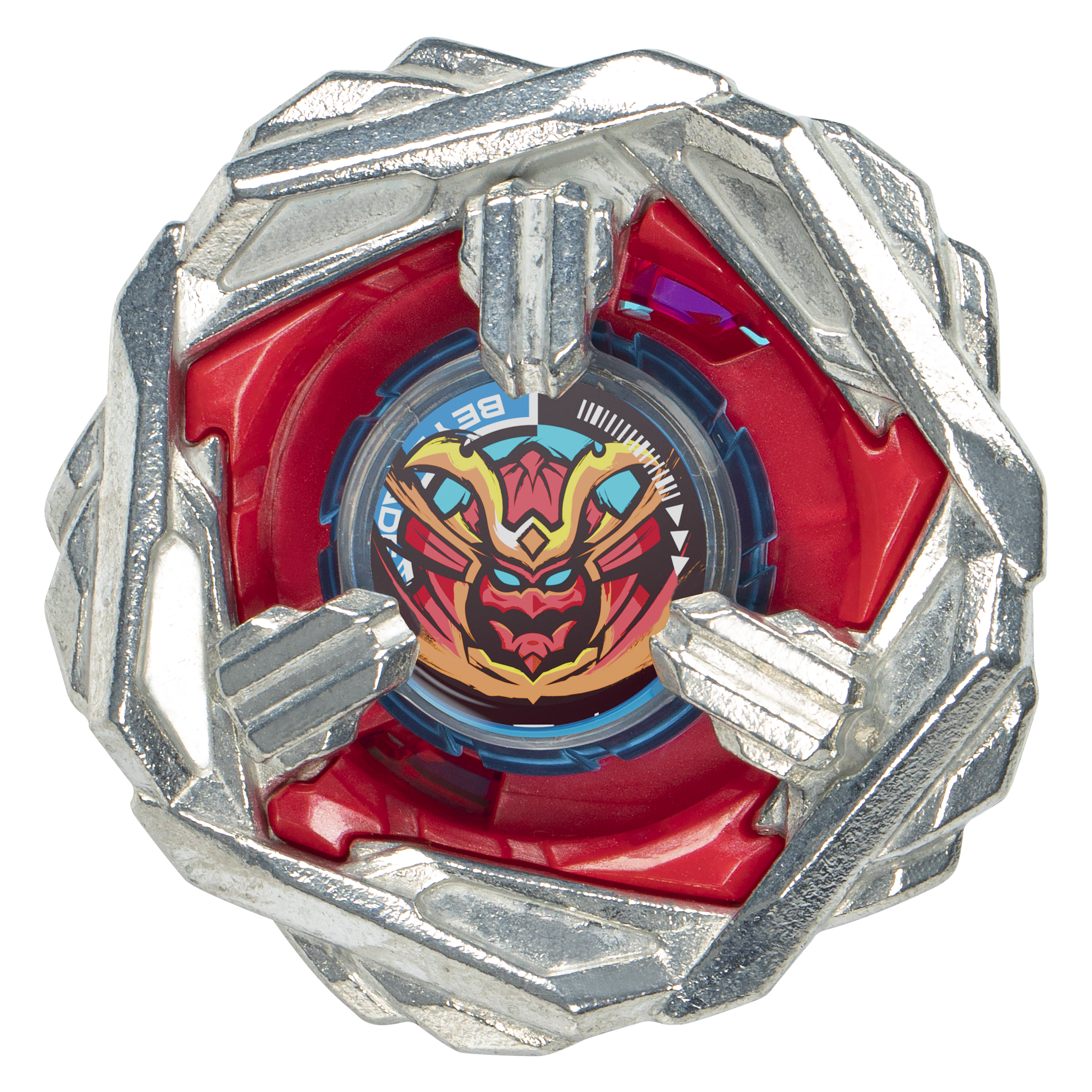 Beyblade rosso e argento con un design dettagliato.