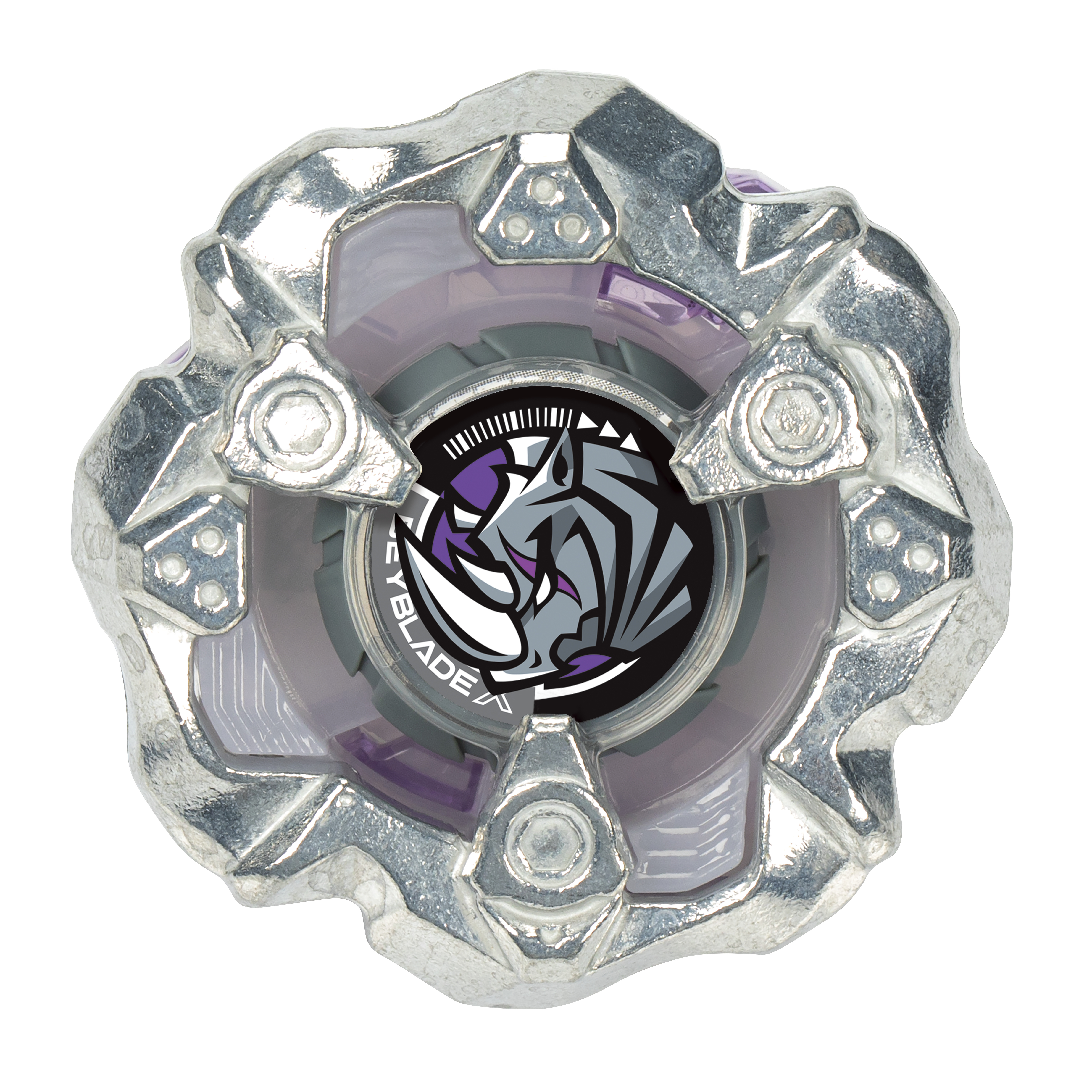 Una trottola Beyblade argentata e viola con un design di rinoceronte al centro. È su uno sfondo bianco.
