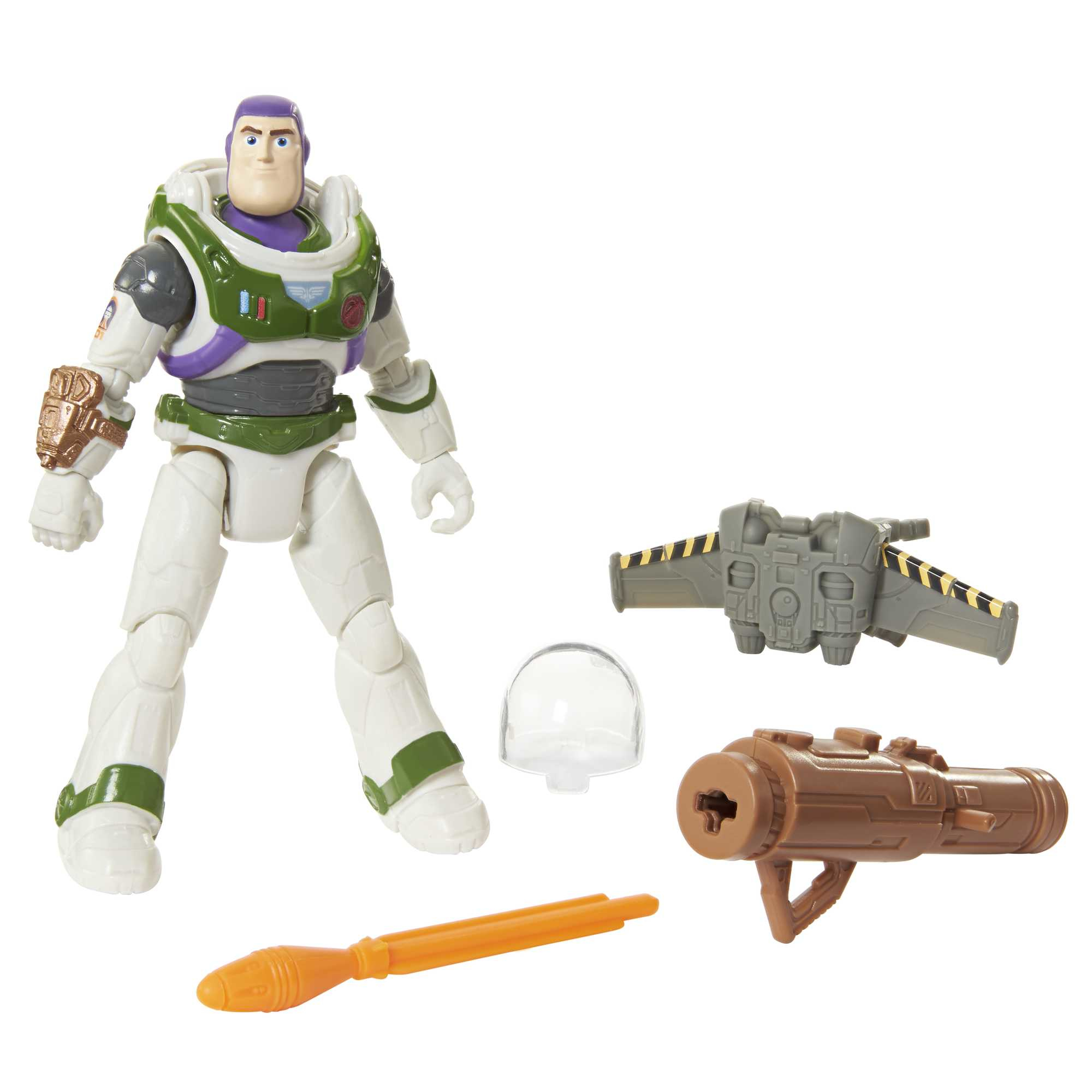 Figura di Buzz Lightyear con accessori: jetpack, pistola e casco.