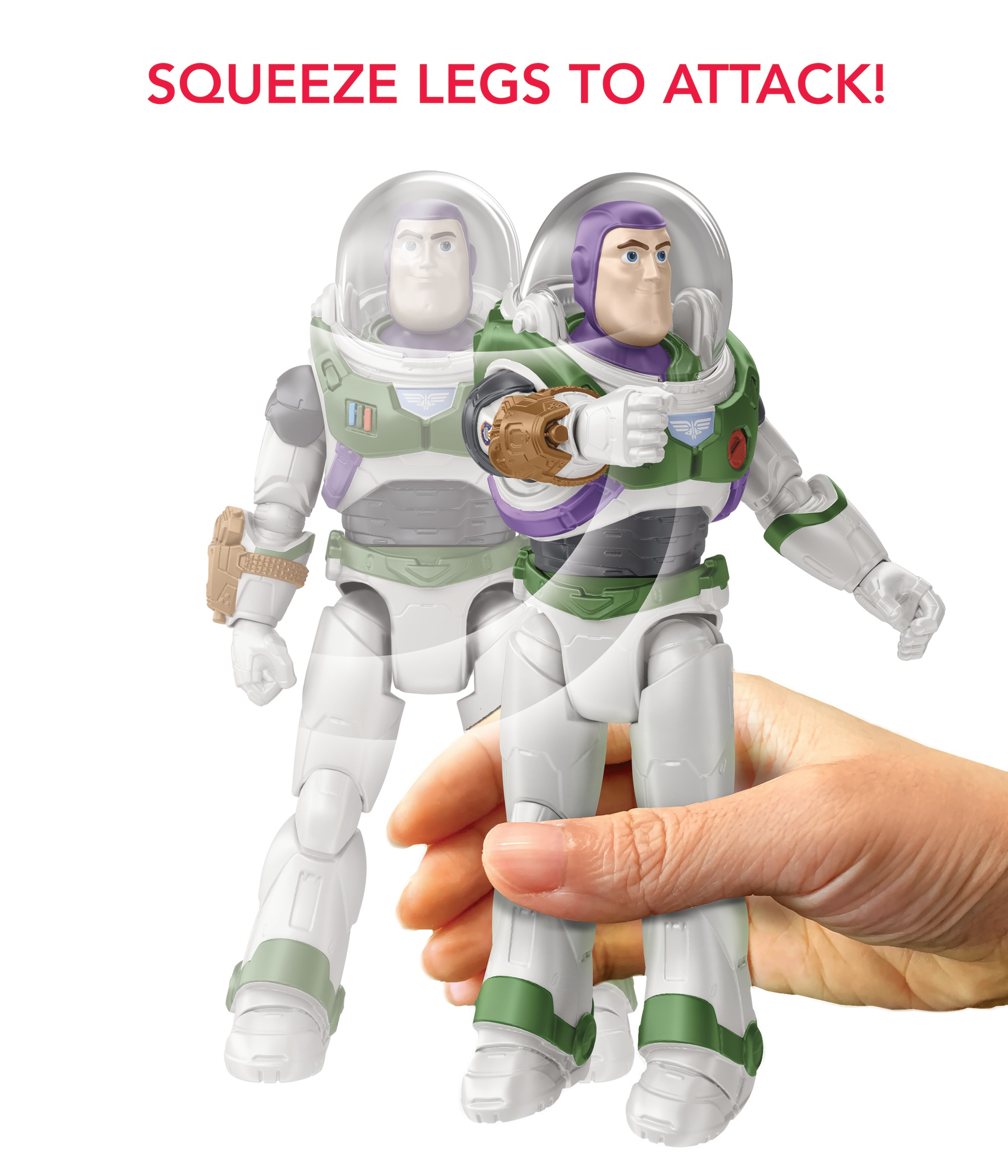 Due personaggi di Buzz Lightyear. Stringere le gambe fa muovere il personaggio. Il testo dice 'Stringi le gambe per attaccare!'