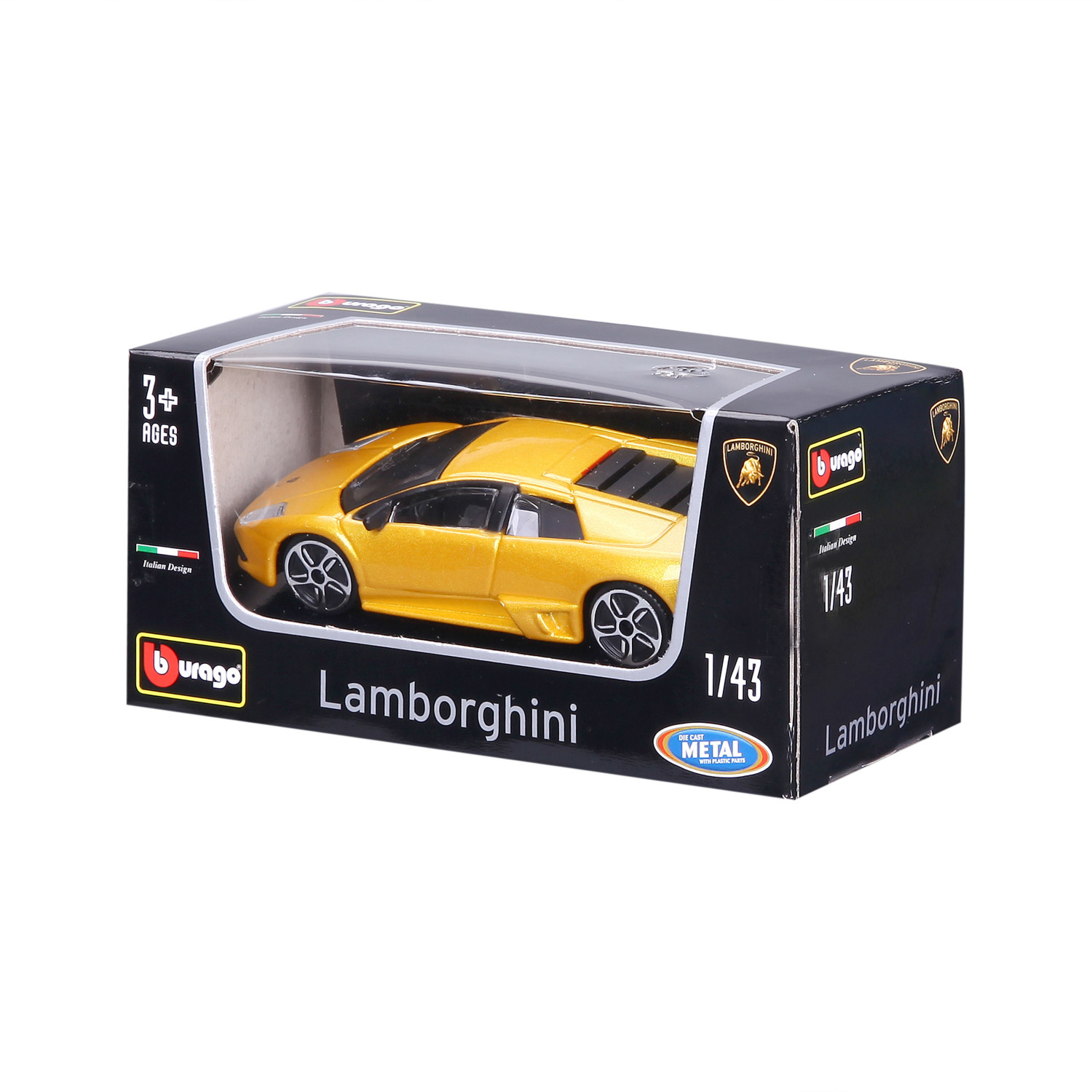 Un'auto giocattolo Lamborghini gialla in una scatola. La confezione è nera con testo bianco e una finestra trasparente.