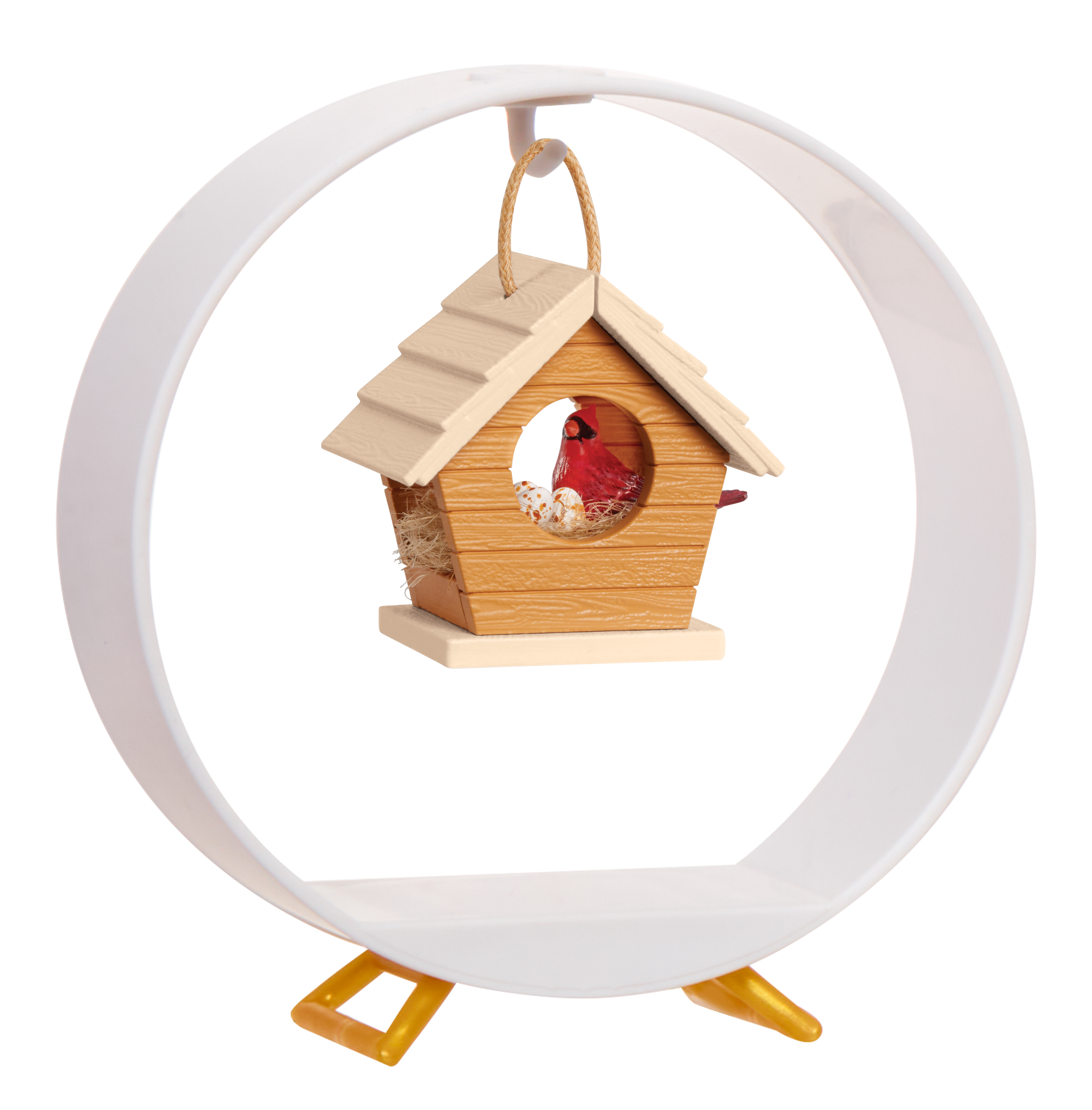Budka dla ptaków na białej, okrągłej półce z czerwonym ptakiem w środku.