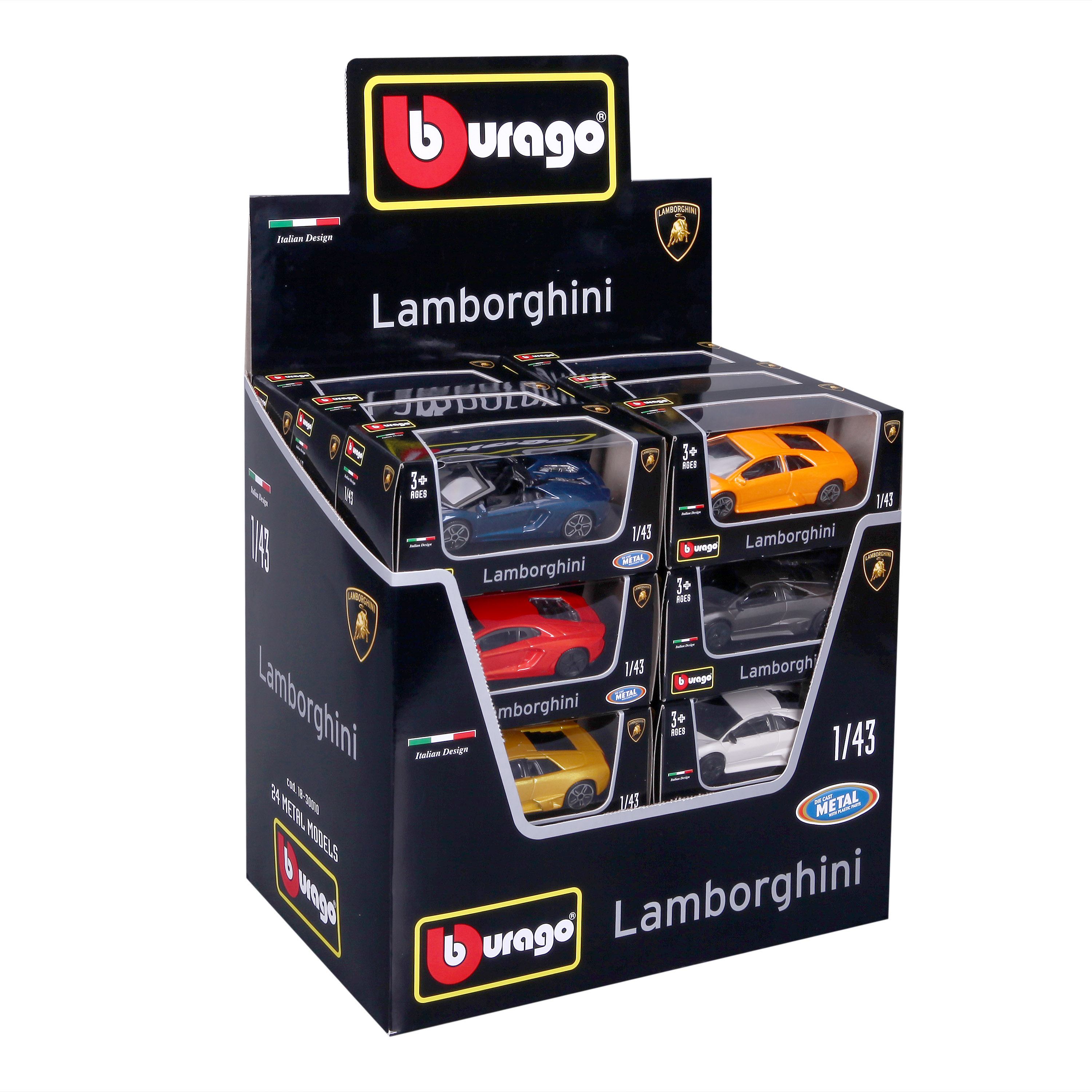 Scatola espositiva con modellini Lamborghini blu, arancioni, rossi, grigi, gialli e bianchi.