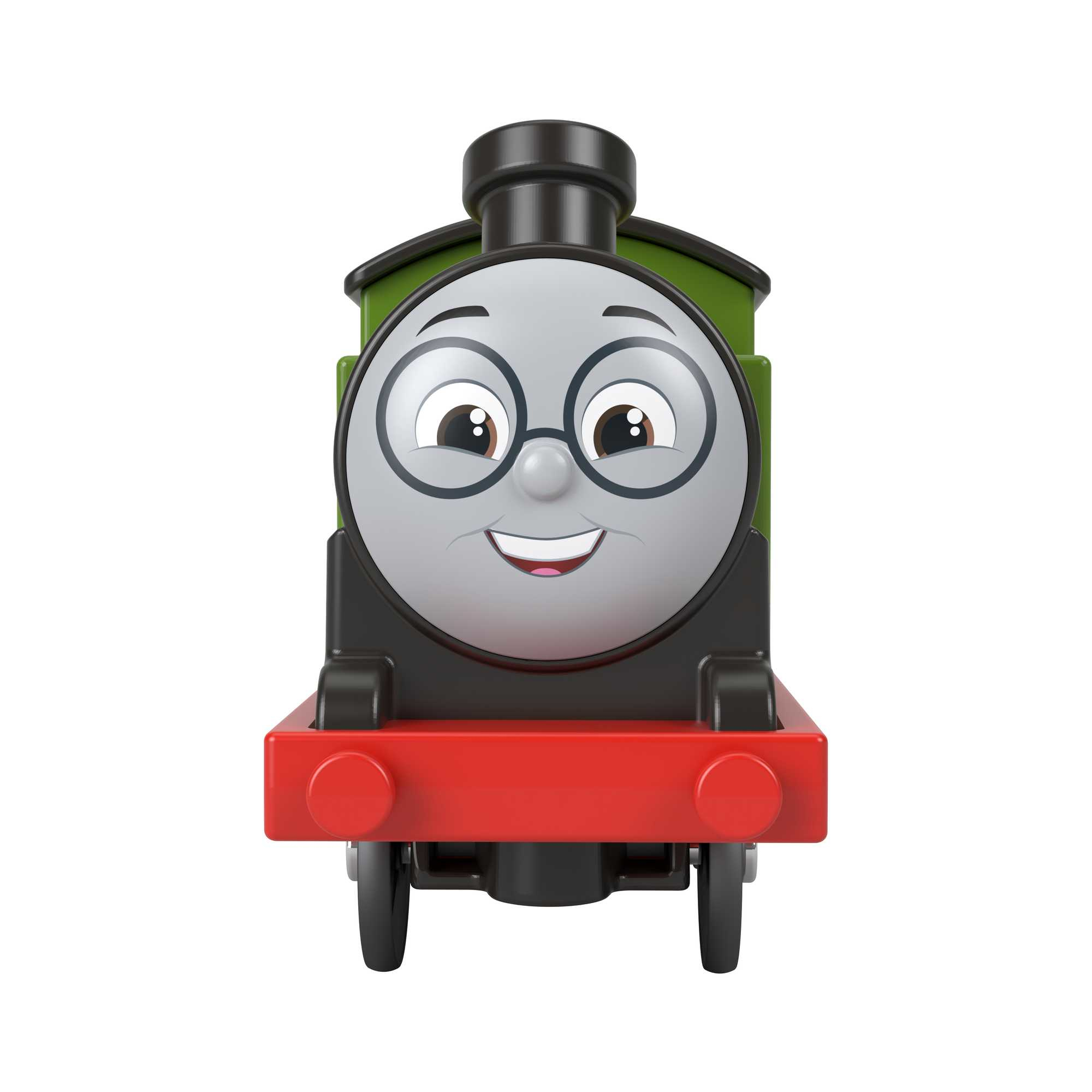 Train jouet vert Thomas la locomotive avec un visage souriant, des roues noires et un pare-chocs rouge.