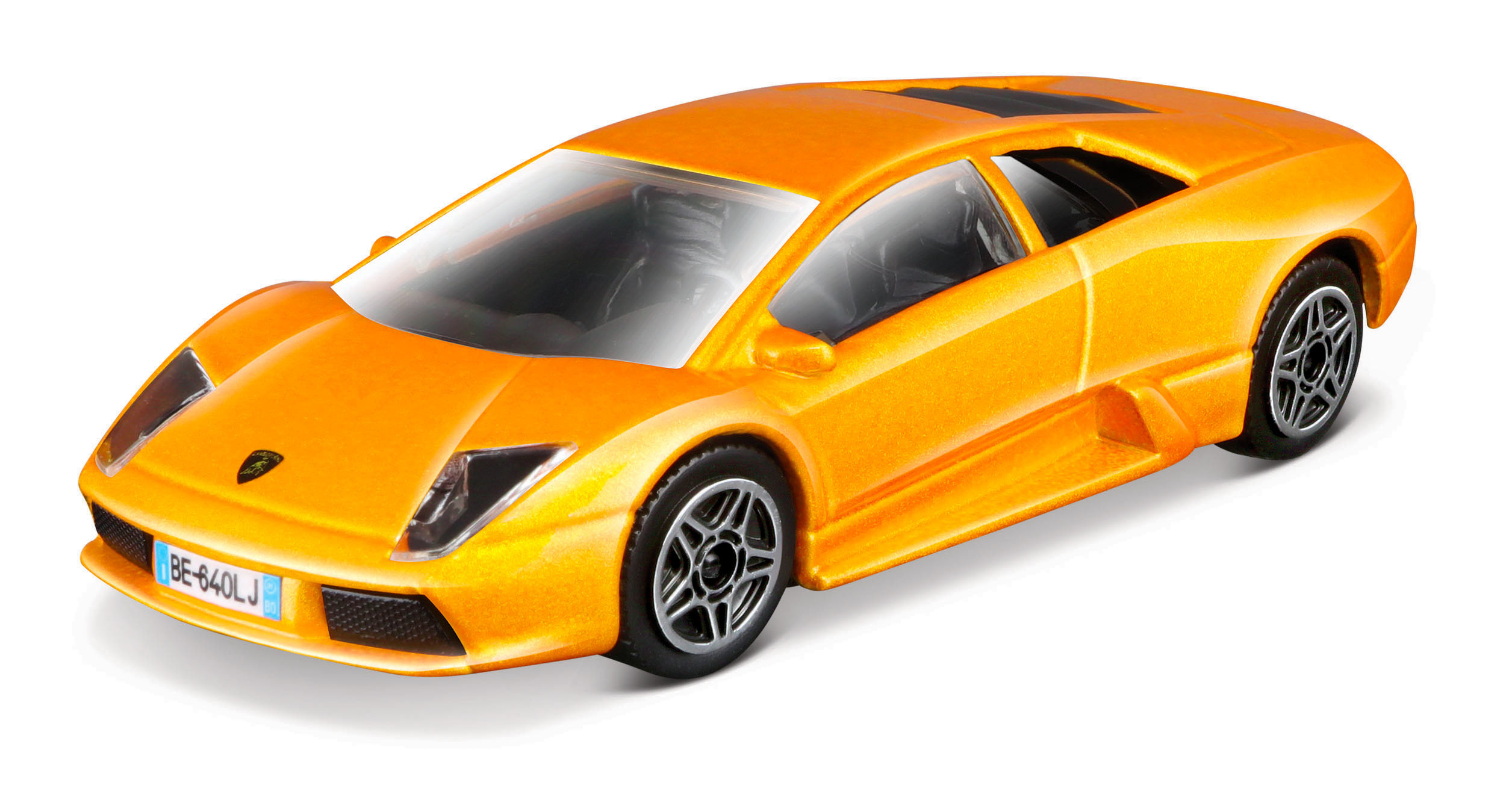 Un'auto giocattolo Lamborghini arancione, con interni neri e ruote argentate.