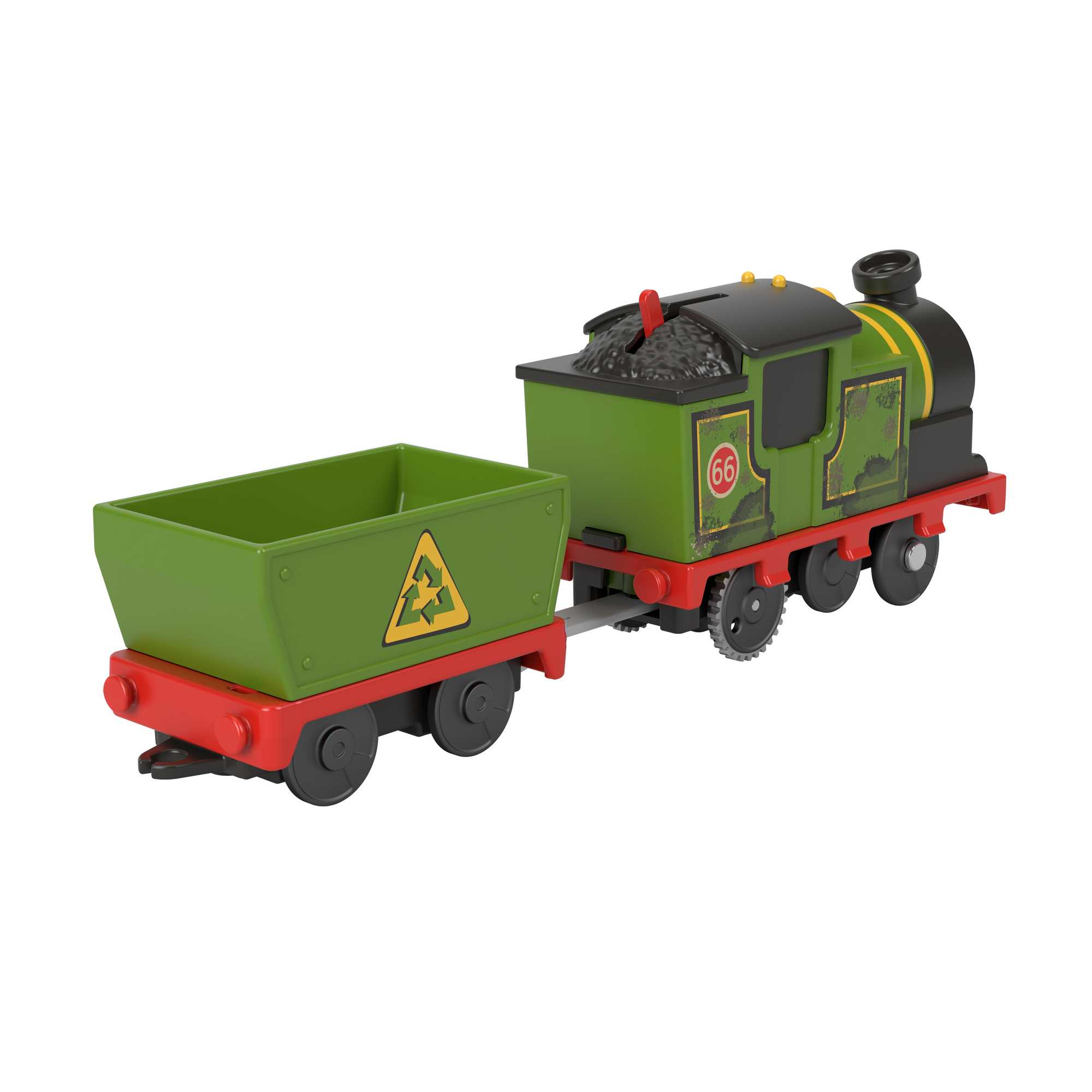 Un train jouet vert avec un wagon de marchandises, tous deux avec des roues rouges. Le train est marqué du numéro 66.