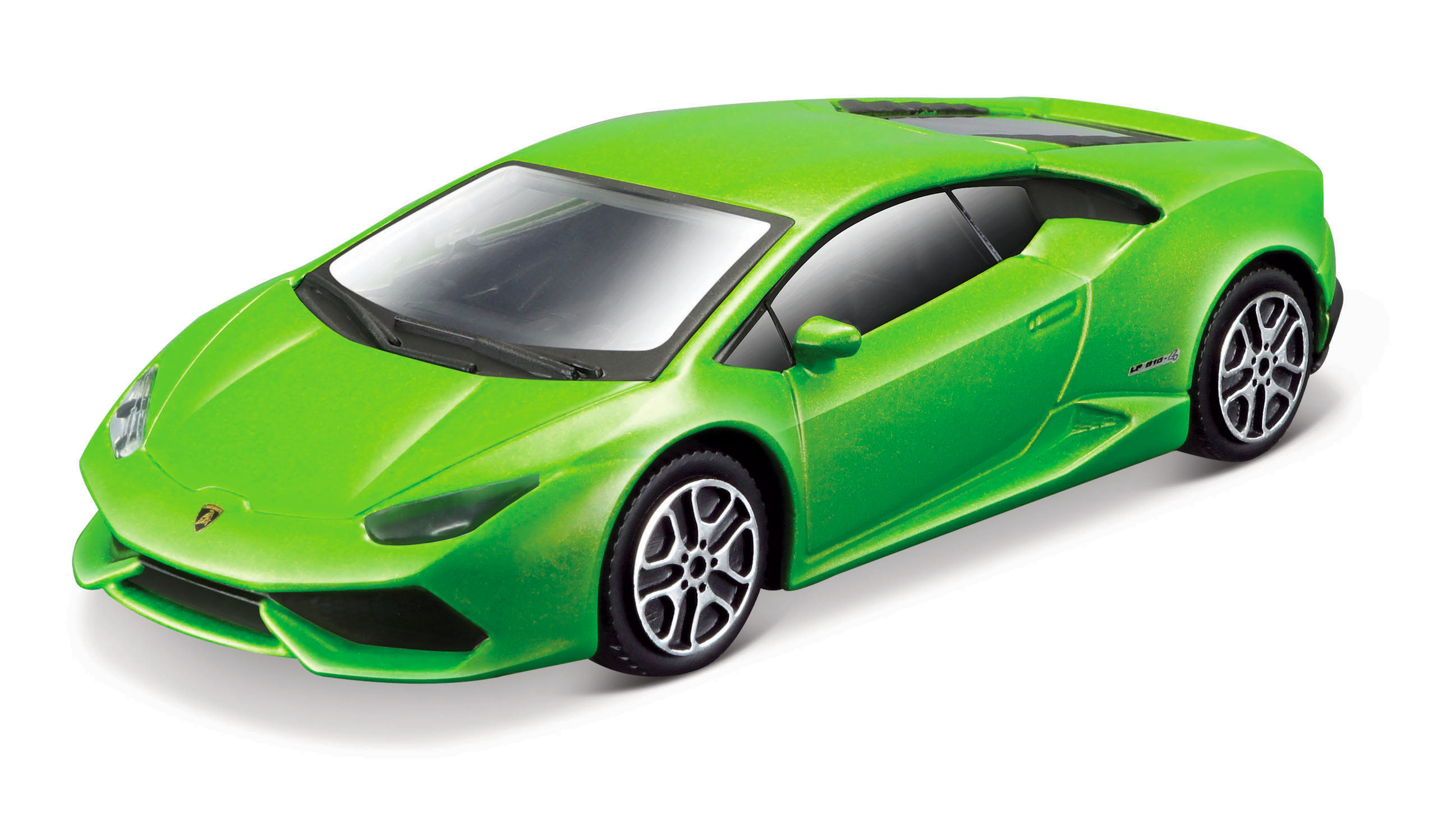 Un'auto verde Lamborghini Huracan. Ha ruote nere e un design elegante e aerodinamico.