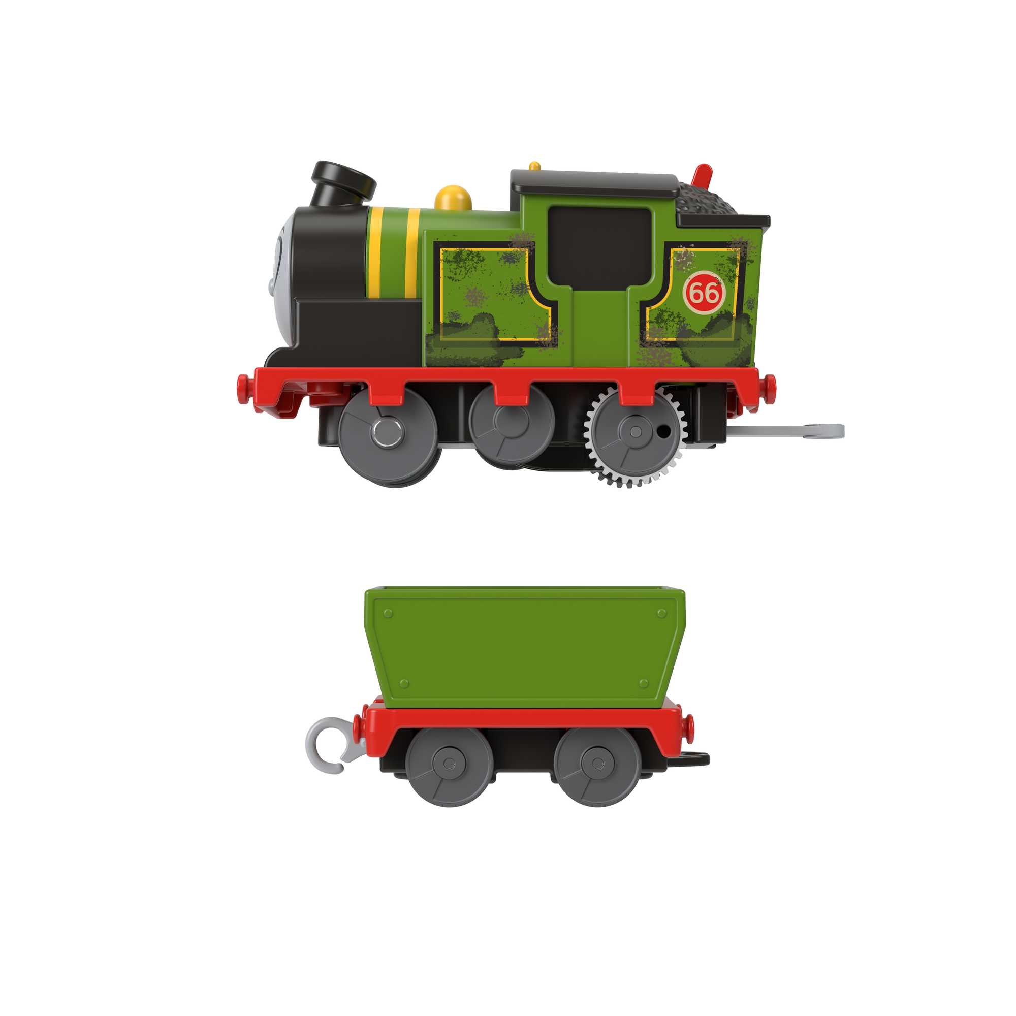 Un train jouet vert et un wagon vert. Le train est jaune avec un toit noir, le wagon a des roues rouges.