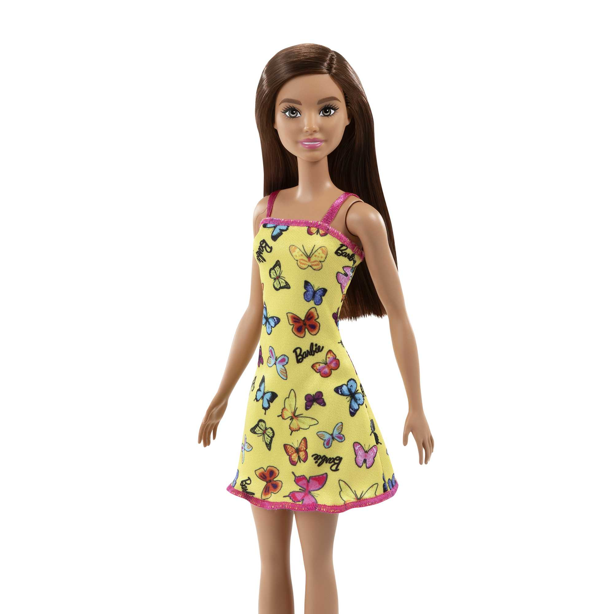 Barbie-Puppe mit gelbem Kleid mit Schmetterlingsmustern. Rosa Träger, rosa Saum und langes braunes Haar.