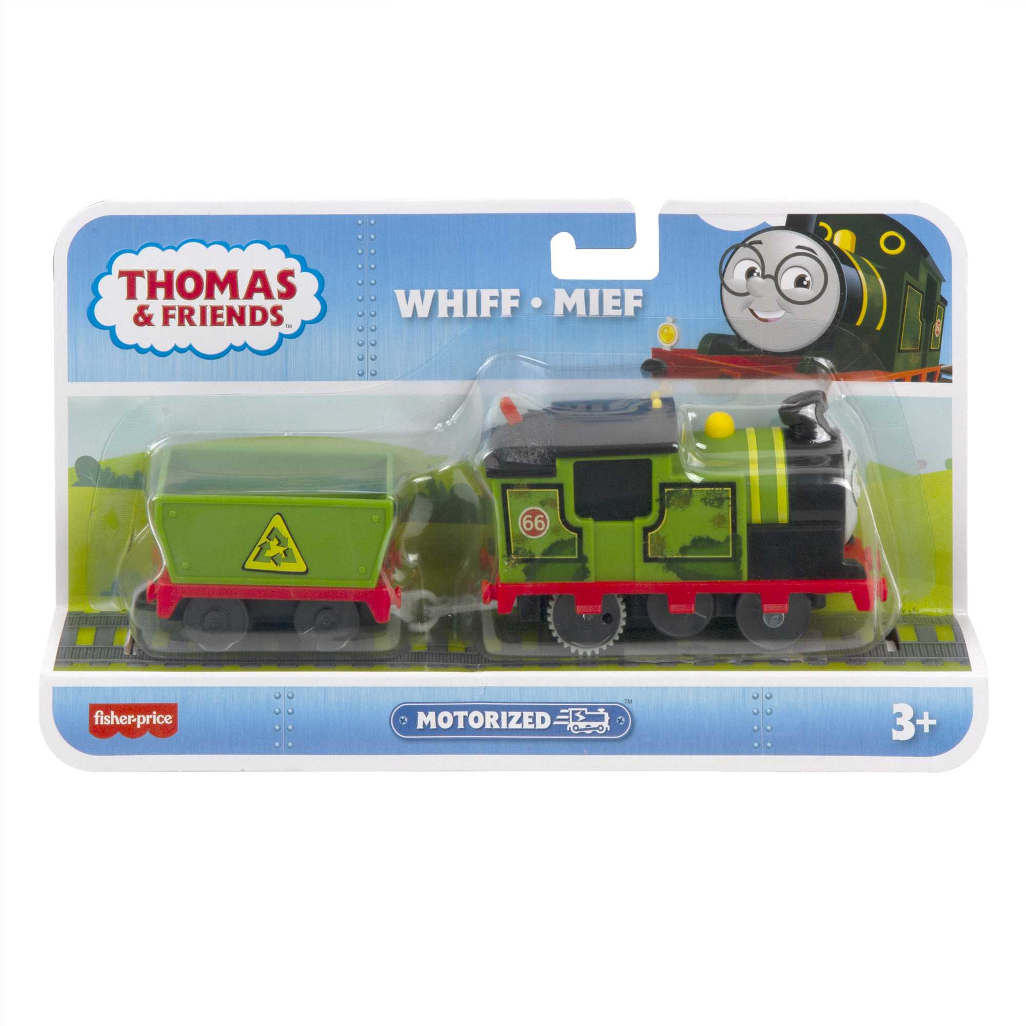 Un ensemble de jouets Thomas & Friends. Il comprend un train vert et un wagon de marchandises vert, tous deux dans un emballage.