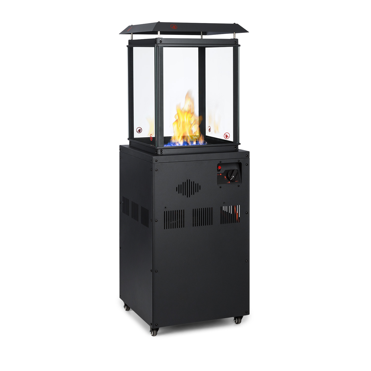 Ein schwarzer Außenheizer mit Glasgehäuse und Flammen. Quadratische Form.