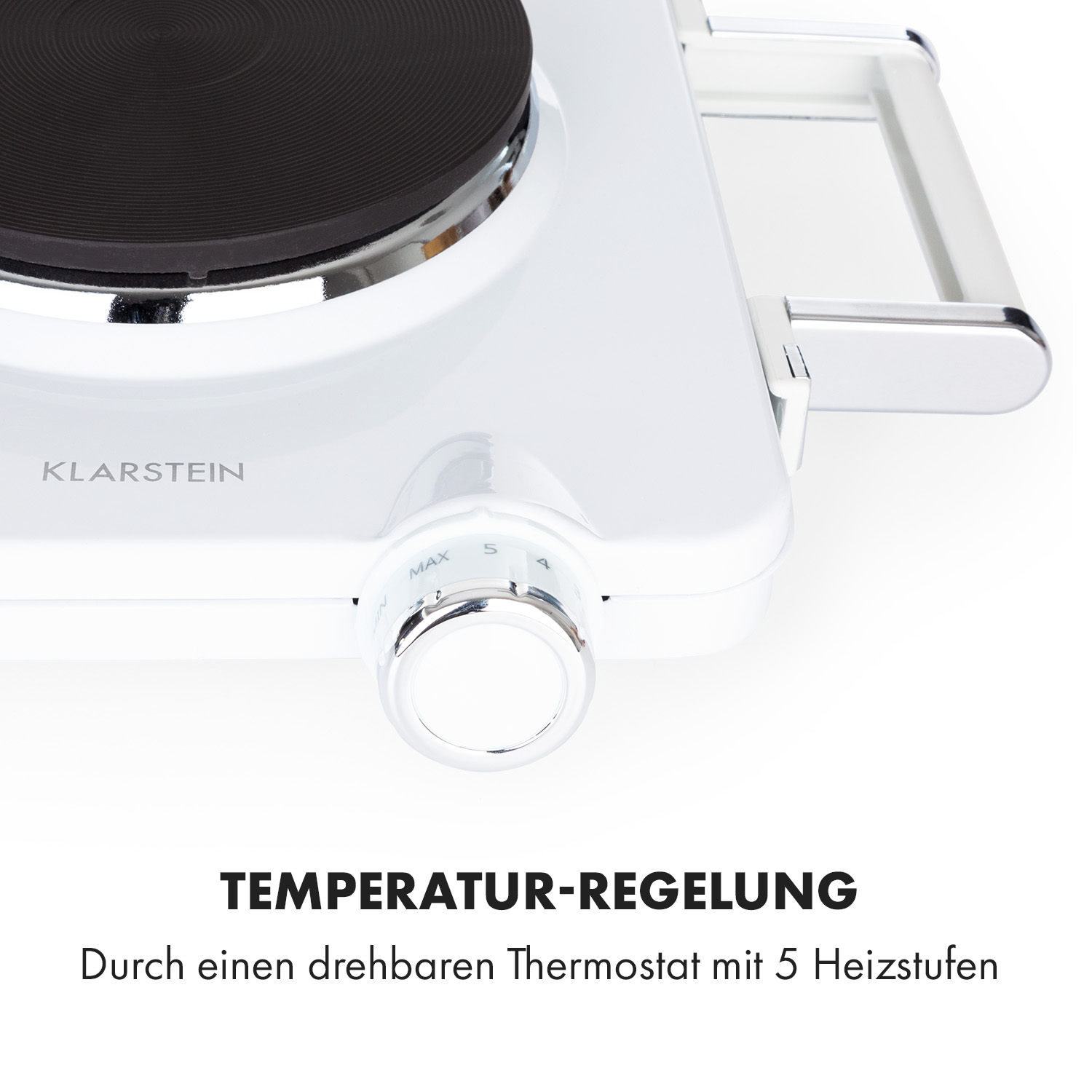 Primo piano di un fornello elettrico bianco con un quadrante. Testo: Controllo della temperatura tramite un termostato rotante con 5 livelli.