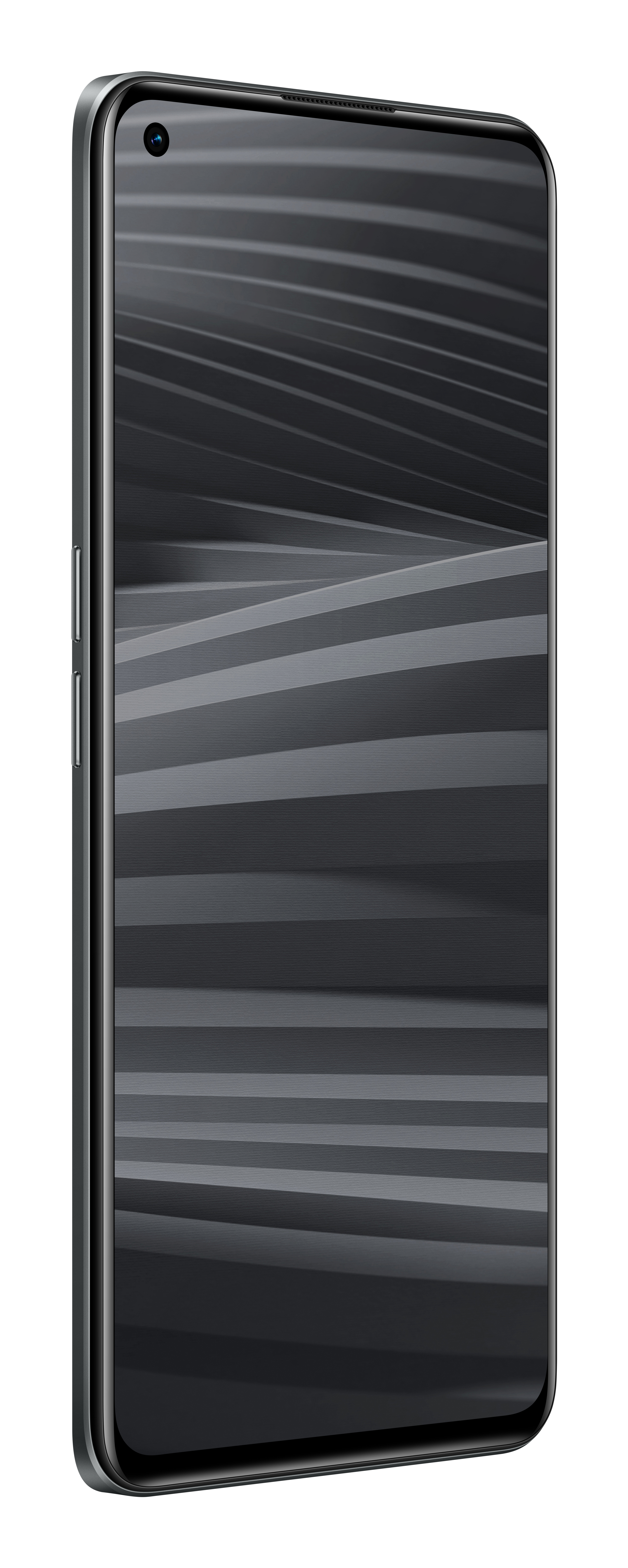 Un smartphone negro con una pantalla que muestra un patrón oscuro, visto de lado.