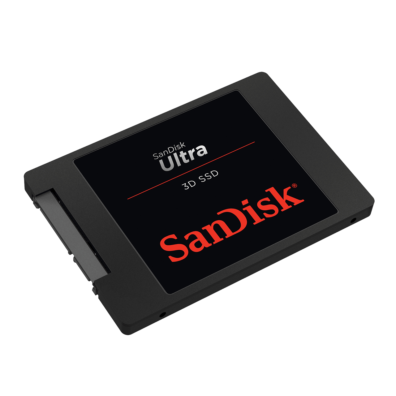 Czarny dysk SSD SanDisk Ultra 3D, lekko pochylony, z czerwonym logo SanDisk.
