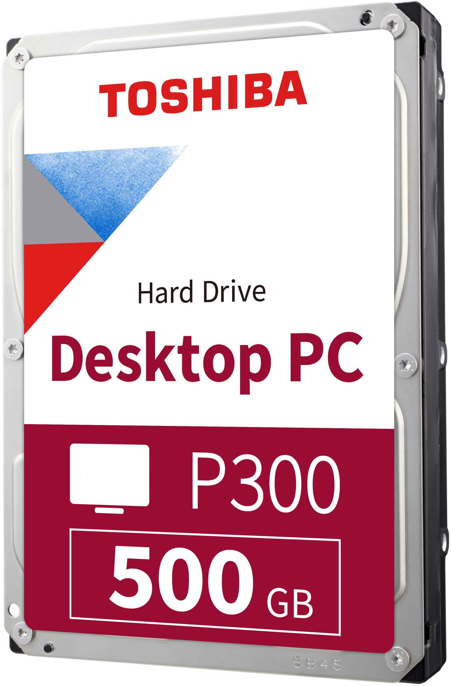 Dysk twardy Toshiba Desktop PC. Srebrny dysk z czerwoną i białą etykietą, P300 500 GB.