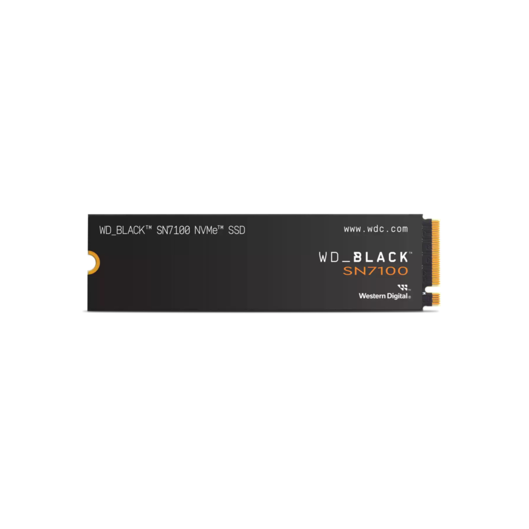 WD Black SN7100 NVMe SSD na białym tle. Czarny korpus z białym tekstem.