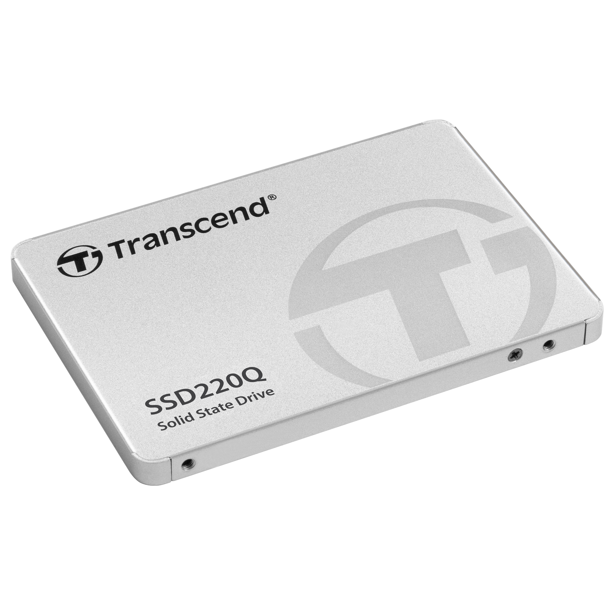 Dysk SSD Transcend SSD220Q na białym tle. Srebrny korpus z czarnym tekstem.