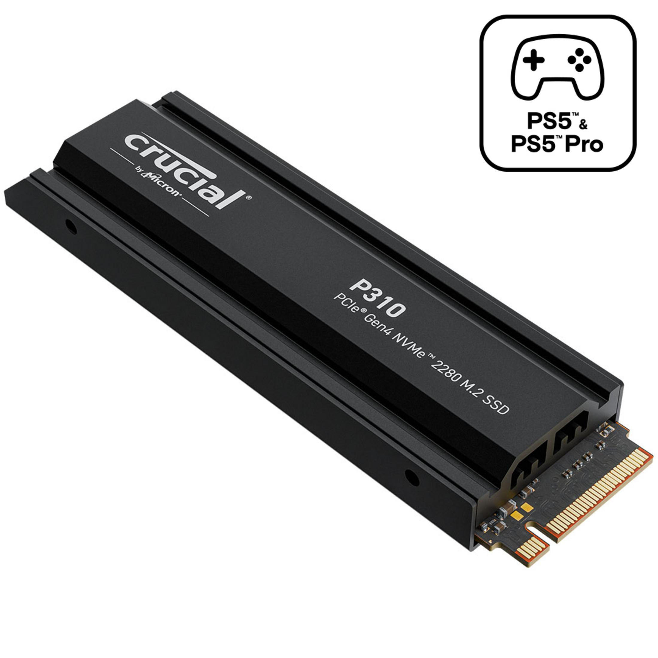 SSD Crucial P310 PCIe Gen4 NVMe M.2 sur fond blanc. Corps noir avec texte blanc.
