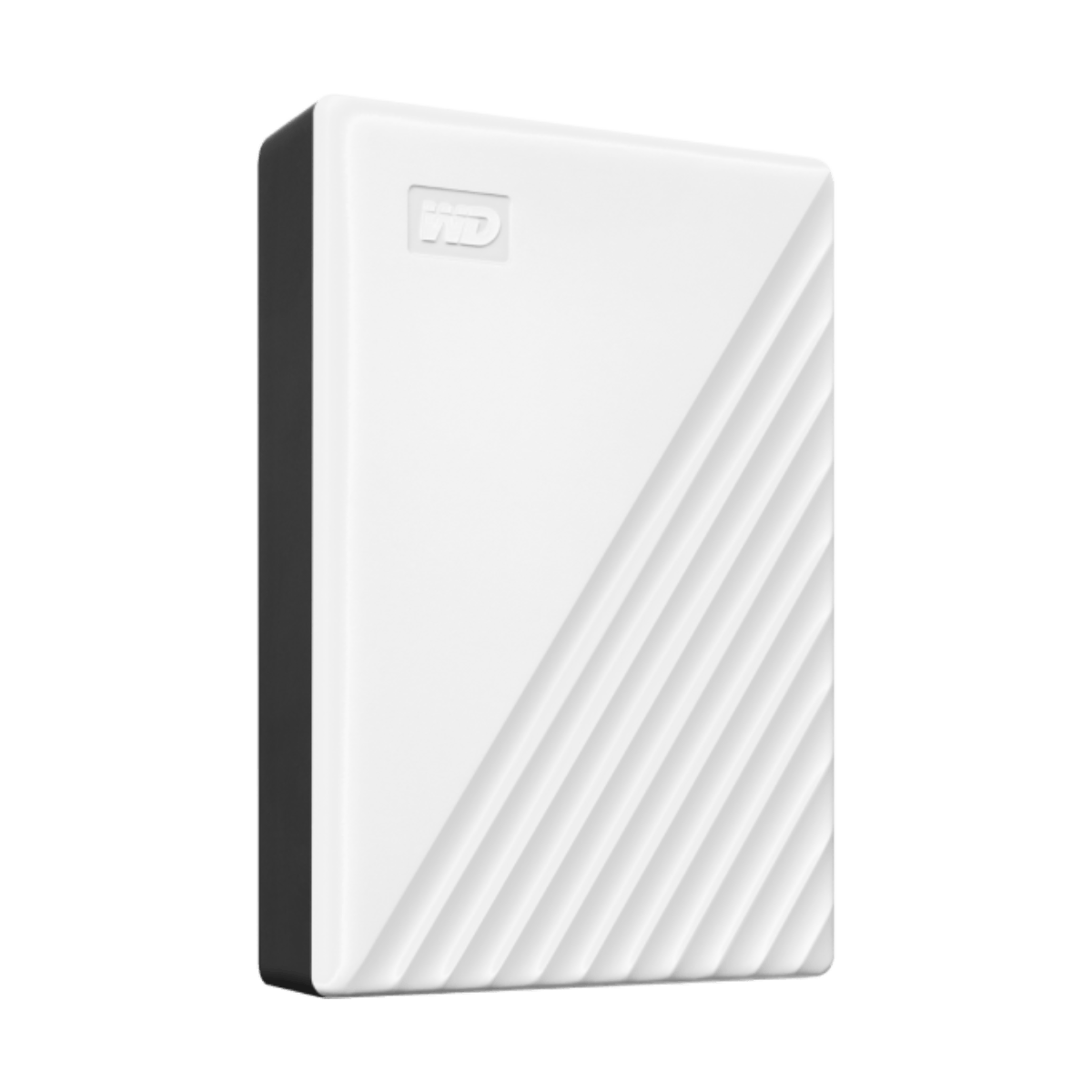 Biały przenośny dysk twardy WD My Passport. Przekątne linie na przodzie. Czarny panel boczny. Logo WD w lewym górnym rogu.