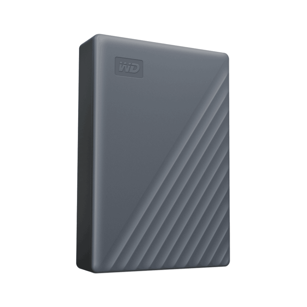 Szary przenośny dysk twardy WD My Passport. Przekątne linie na przodzie. Czarny panel boczny. Logo WD w lewym górnym rogu.
