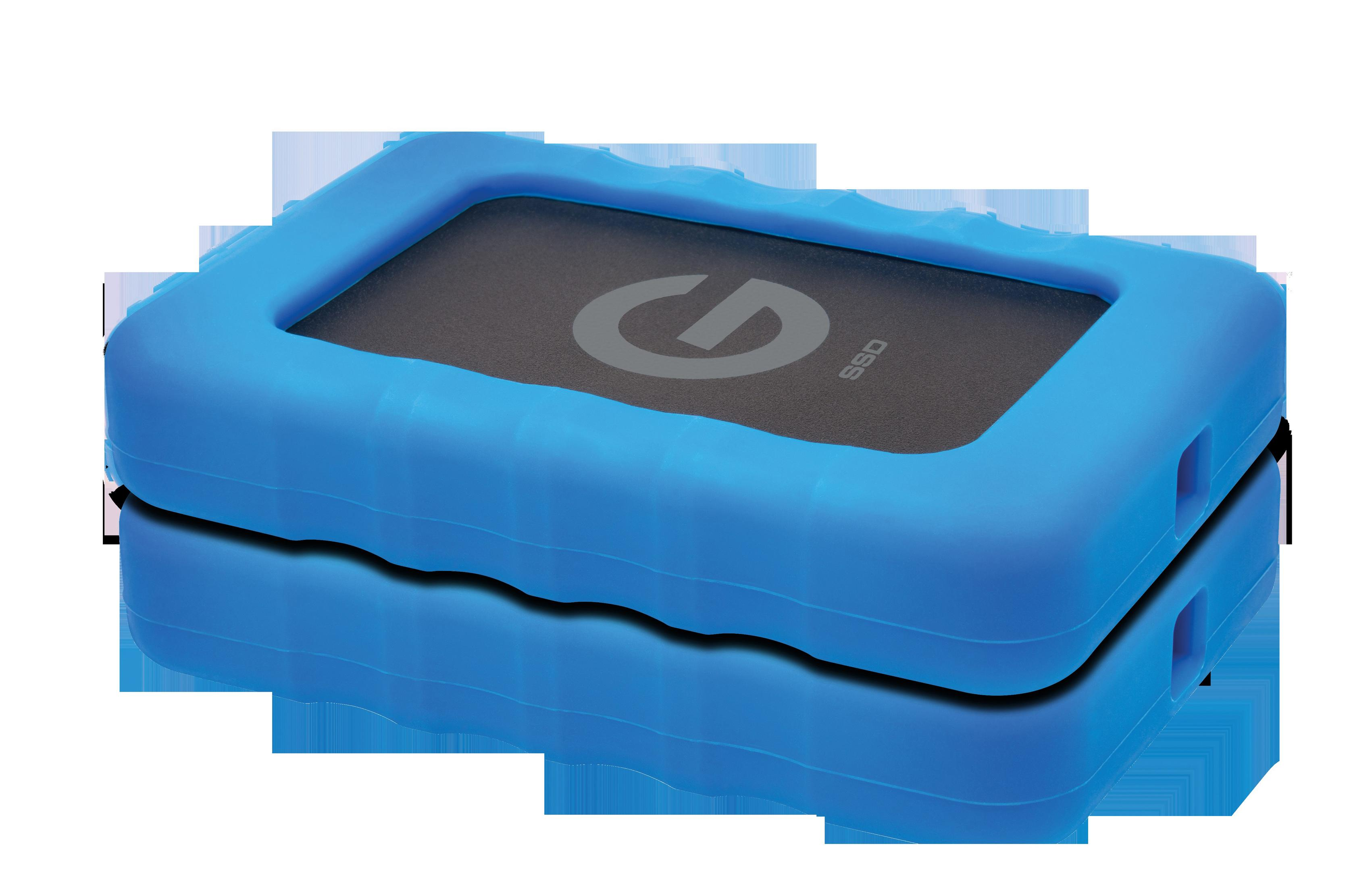 Disco rigido esterno blu, robusto. Forma rettangolare con angoli arrotondati, interno nero, logo G-Technology.