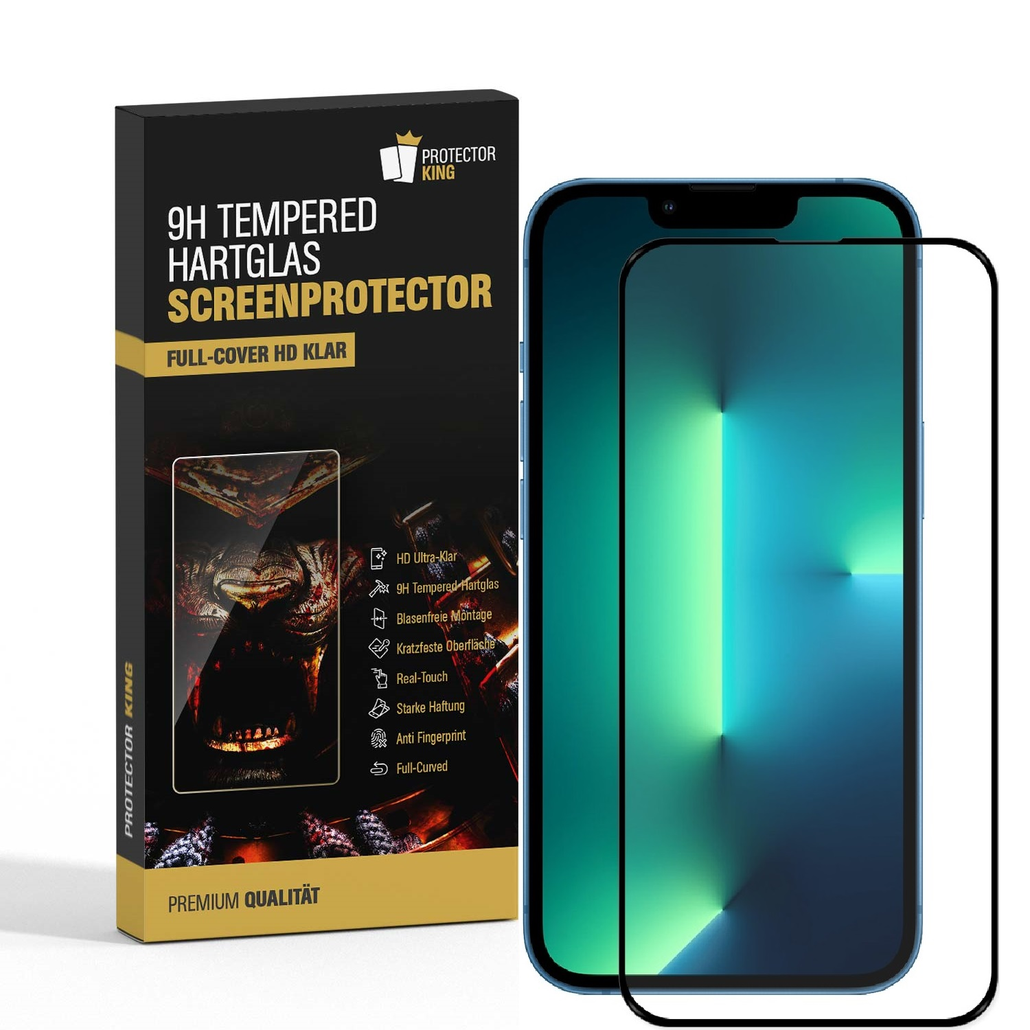 Ein Telefon mit Displayschutz und eine Box. Die Box zeigt die Eigenschaften des Schutzes.