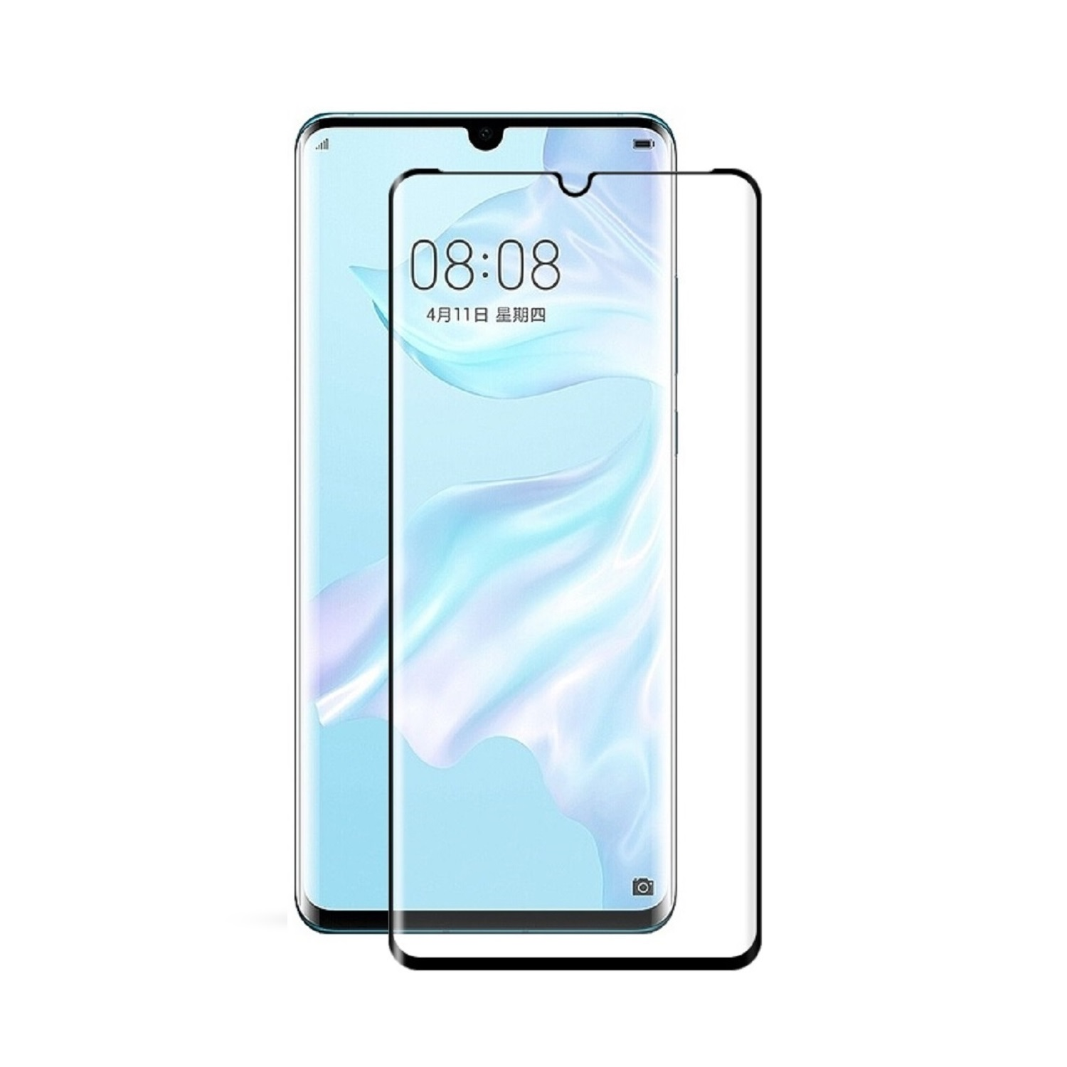 Ein Telefon mit Displayschutz. Der Bildschirm zeigt Zeit und Datum.